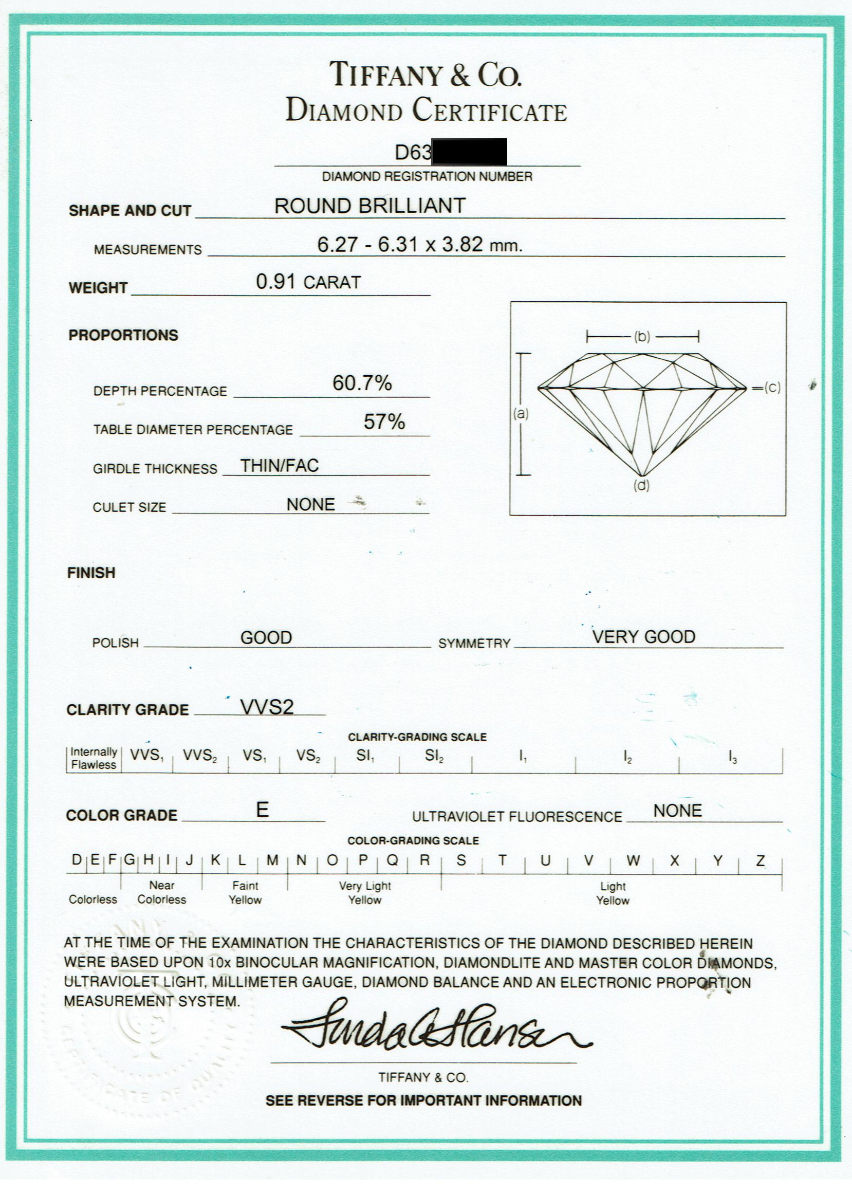 Tiffany & Co Platinum Round Diamond 0.91 cts E VVS2 Solitaire Engagement Ring For Sale 3