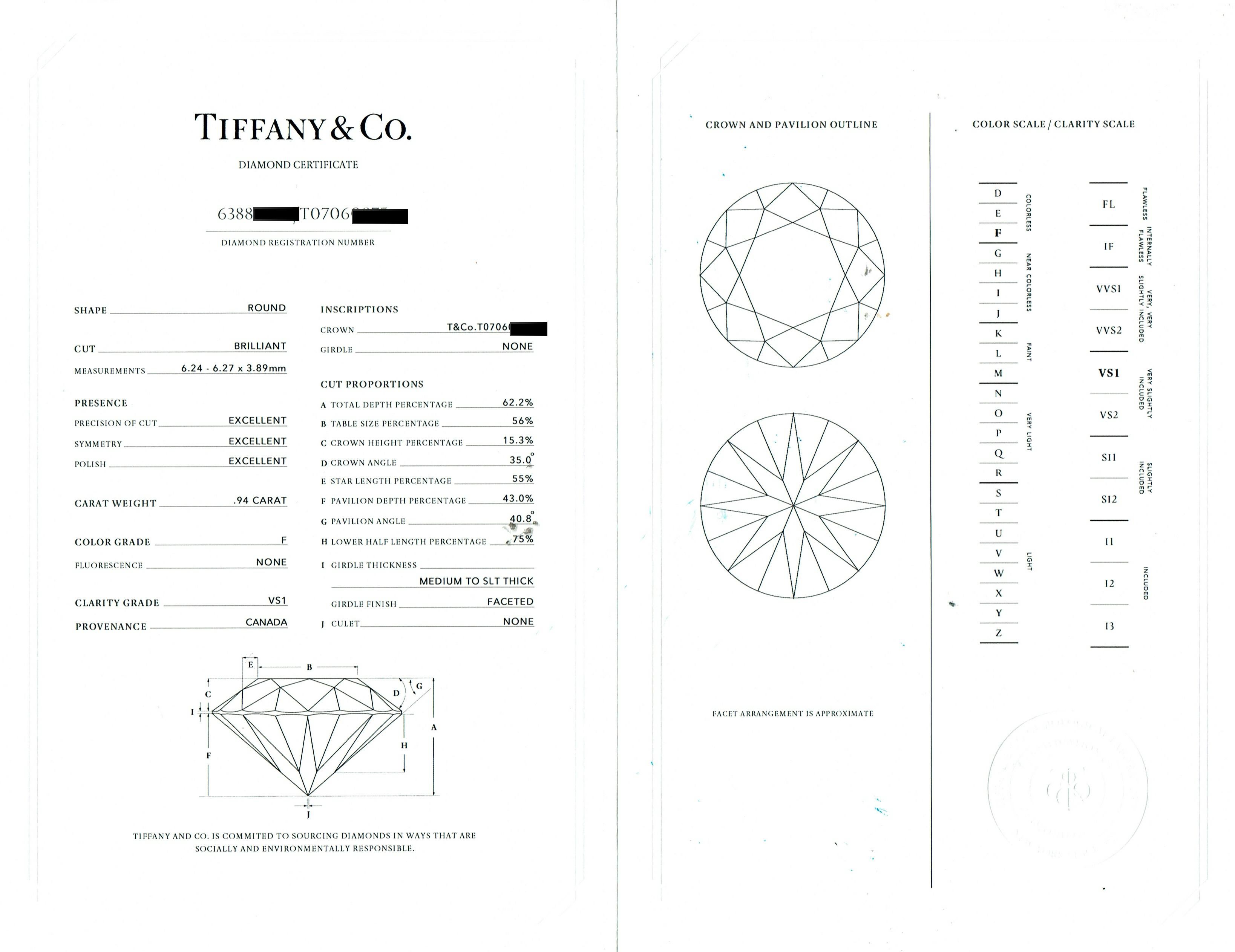 Tiffany & Co Platinum Round Diamond 0.94 cts F VS1 Solitaire Engagement Ring For Sale 10