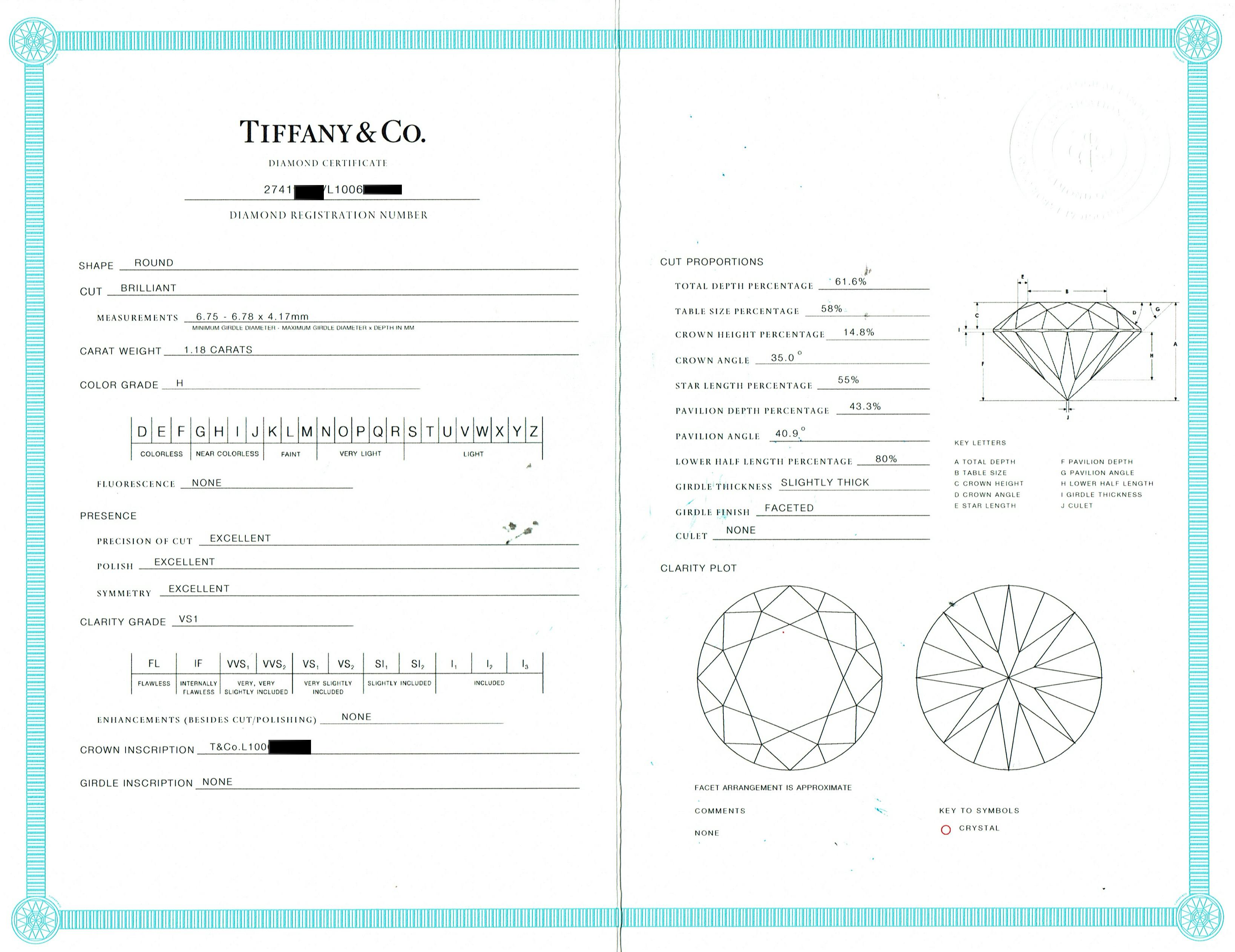 Tiffany & Co, bague de fiançailles solitaire en platine avec diamant rond 1,18 carat H VS1 12
