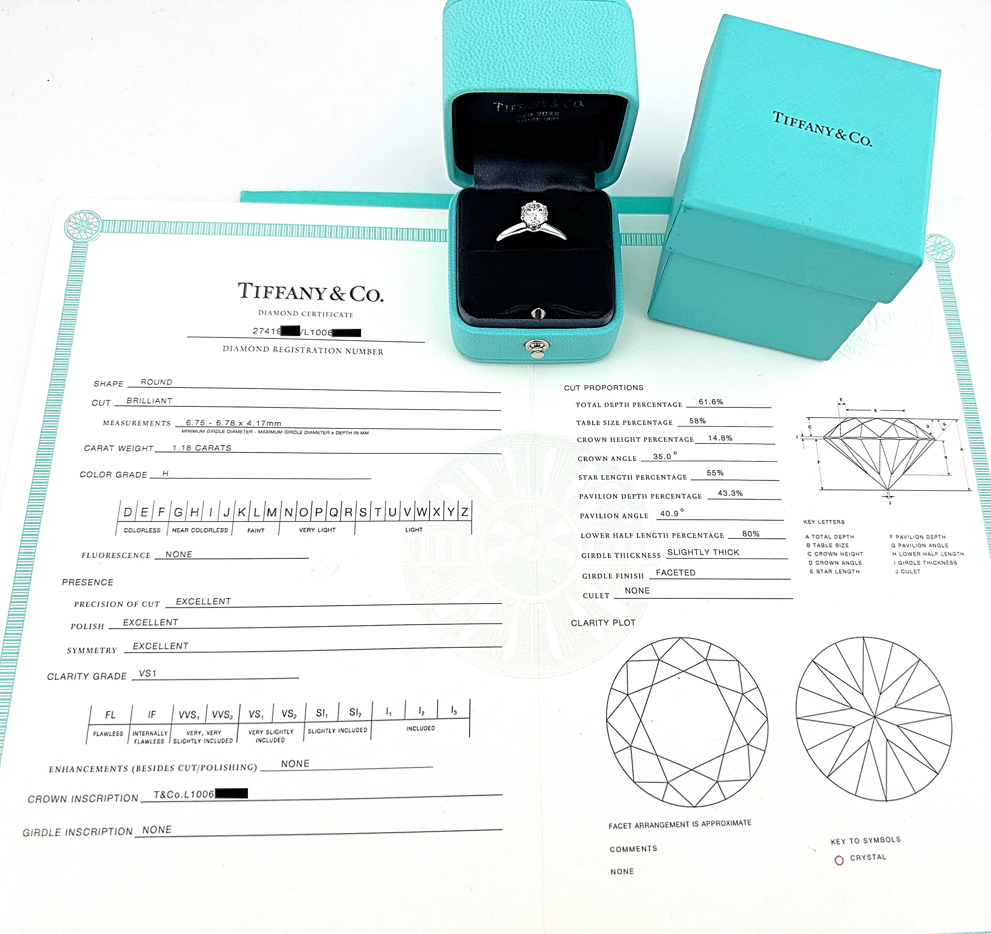 Tiffany & Co, bague de fiançailles solitaire en platine avec diamant rond 1,18 carat H VS1 4