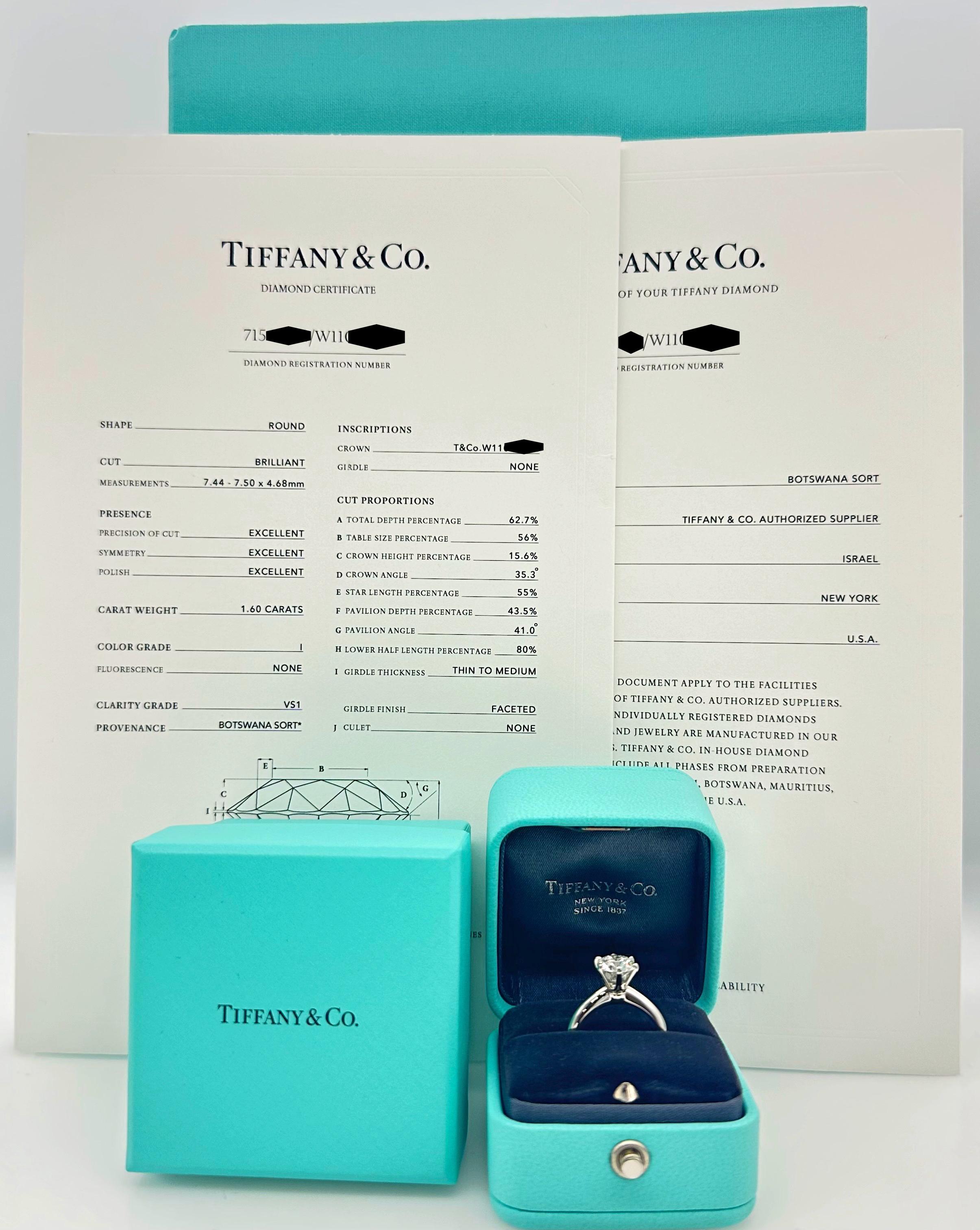 Tiffany & Co. Solitaire Engagement Ring
Style: Classic 6-Prong Solitaire
Metal: Platinum PT950
Size: 4.75 - sizable
TCW: 1.60 cts
Main Diamond: Round Brilliant Diamond 
Color & Clarity: I / VS1
Hallmark: ©TIFFANY&CO. Pt950 71563324 D1.60