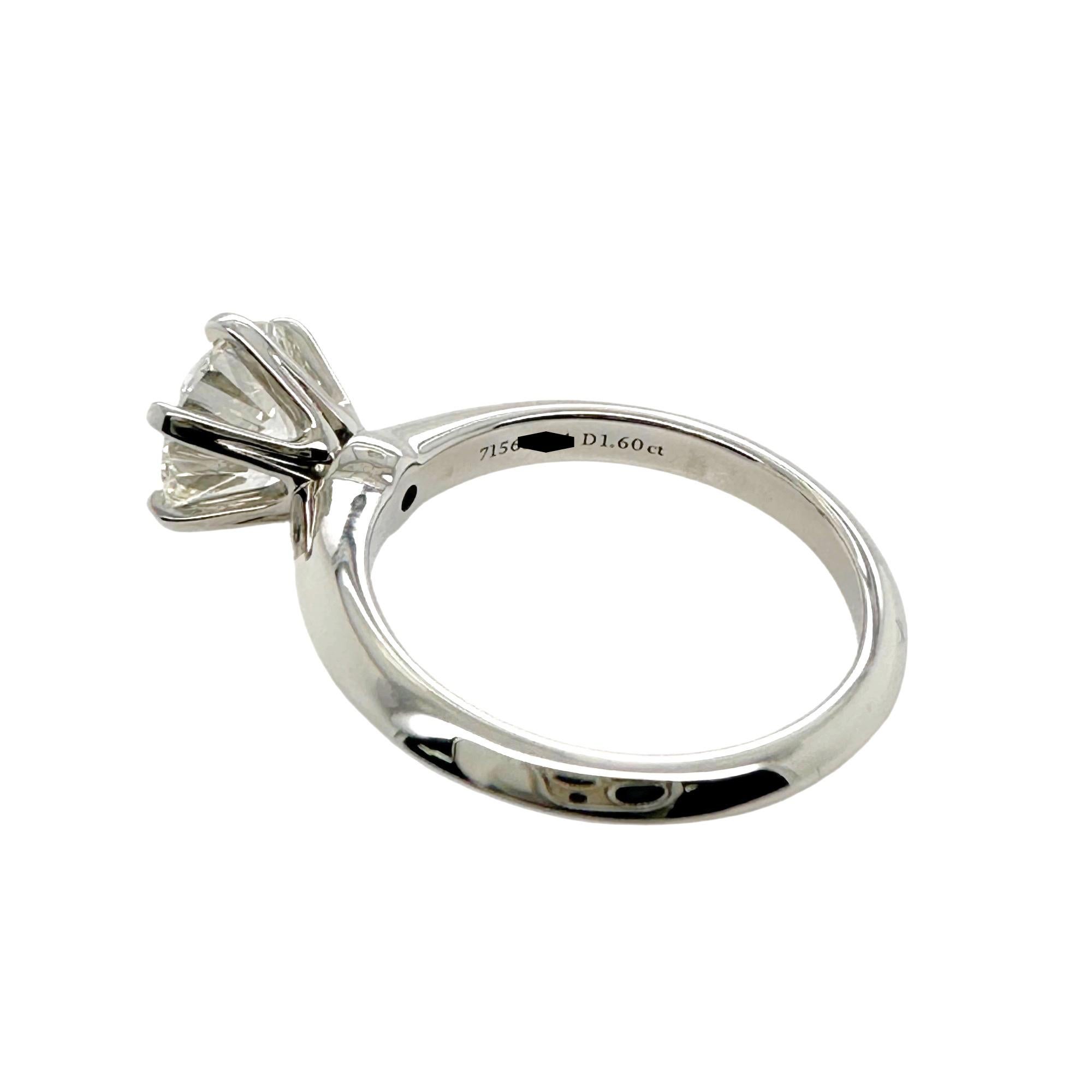 Women's or Men's Tiffany & Co Platinum Solitaire Diamond Engagement Ring Round 1.60ct I VS1