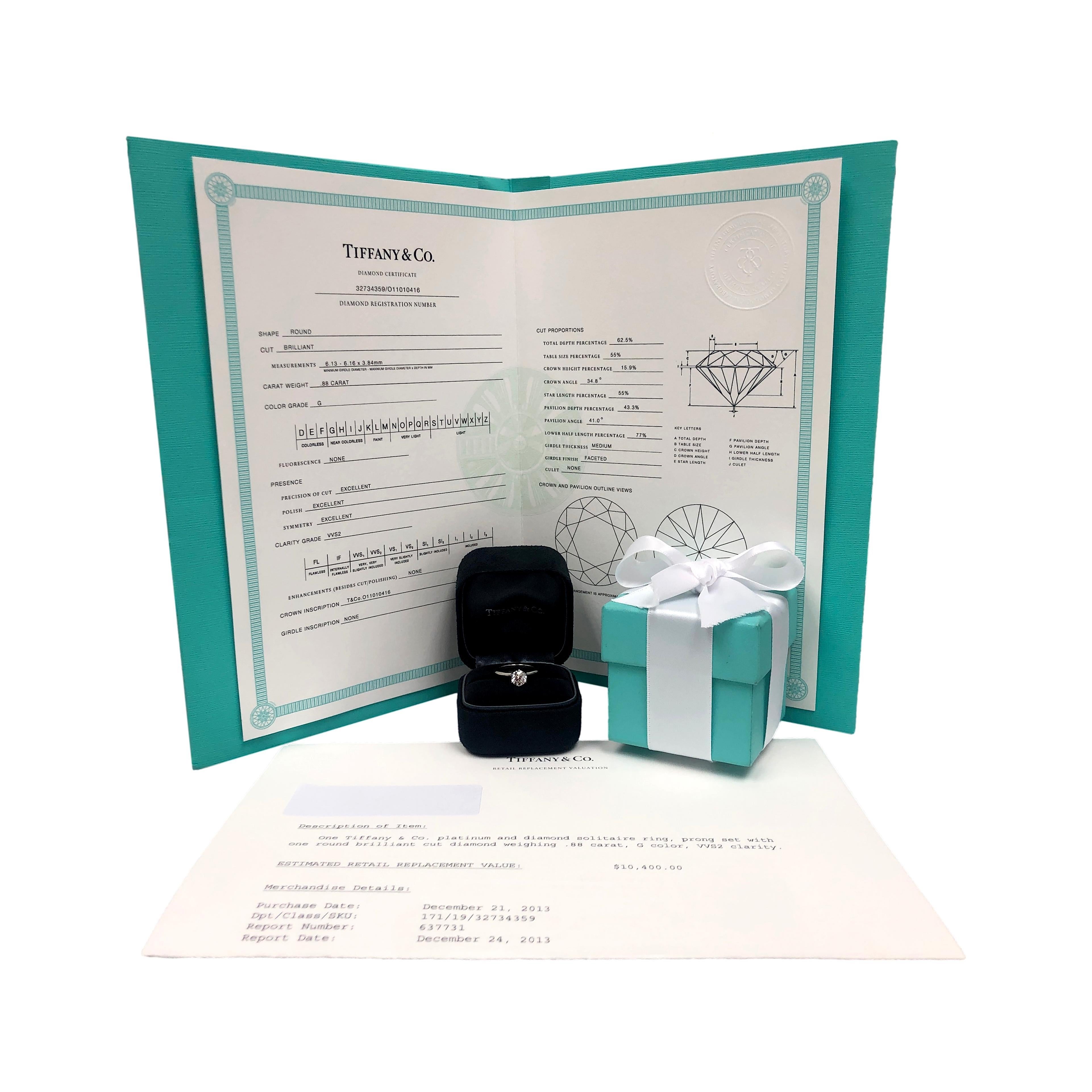Tiffany & Co Platinum Round Diamond Engagement Ring .88ct G VVS2 For Sale 2