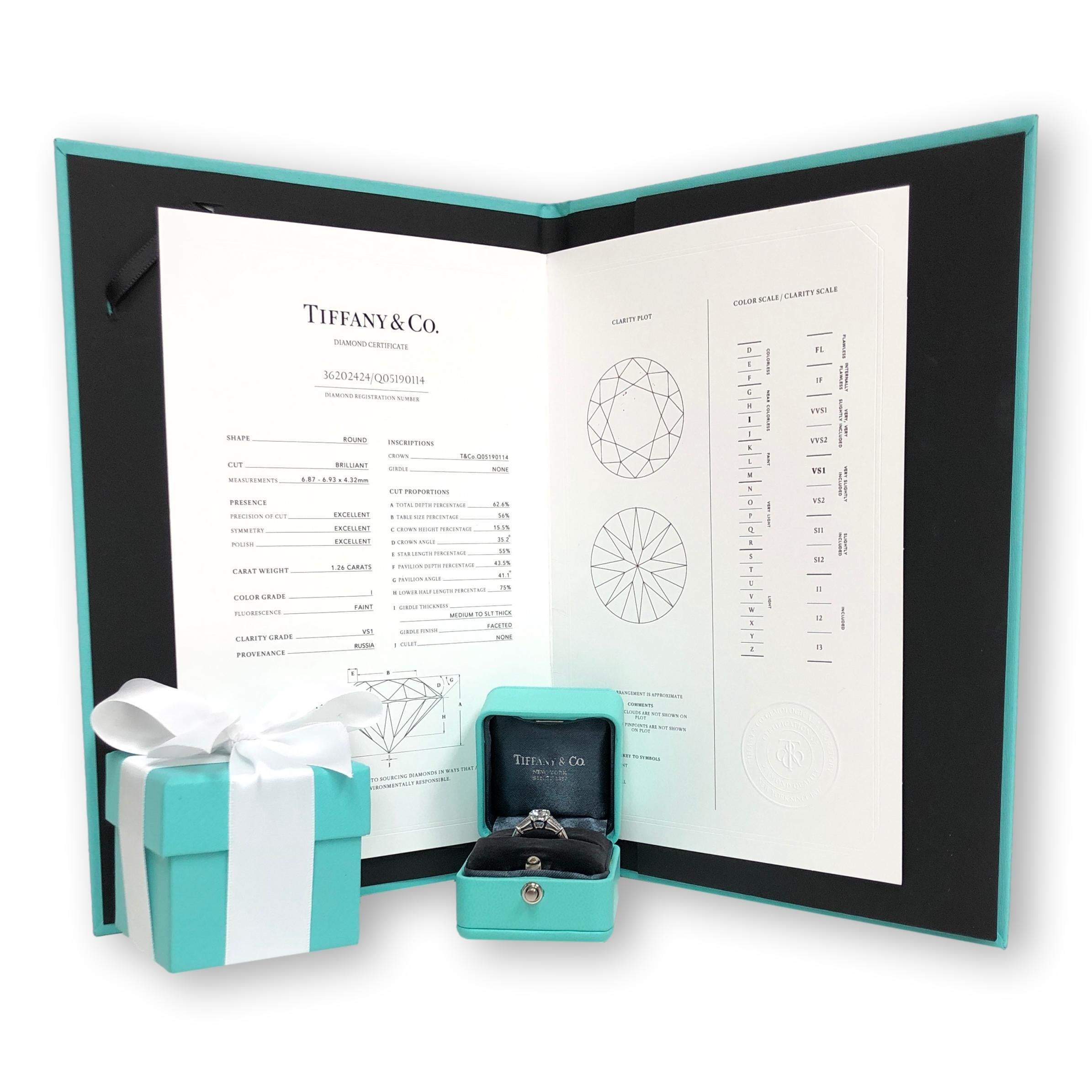 Tiffany & Co. Platinum Round Diamond Engagement Ring w/ Baguettes 1.26Ct IVS1 1