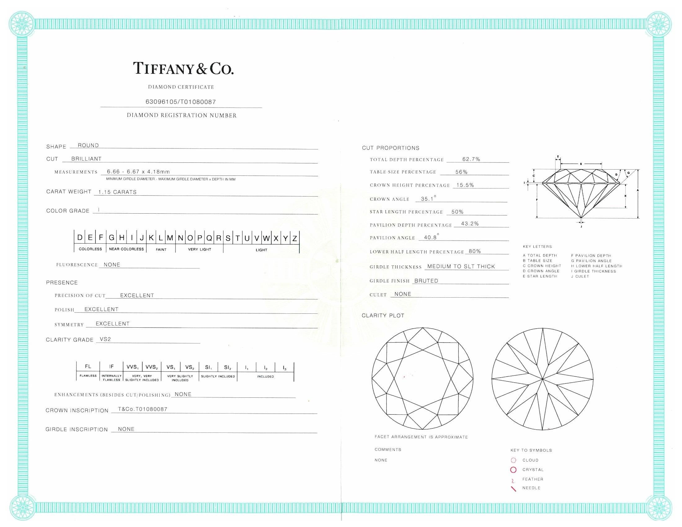 Women's Tiffany & Co. Platinum Round Diamond Harmony Engagement Ring 1.15ct. IVS2