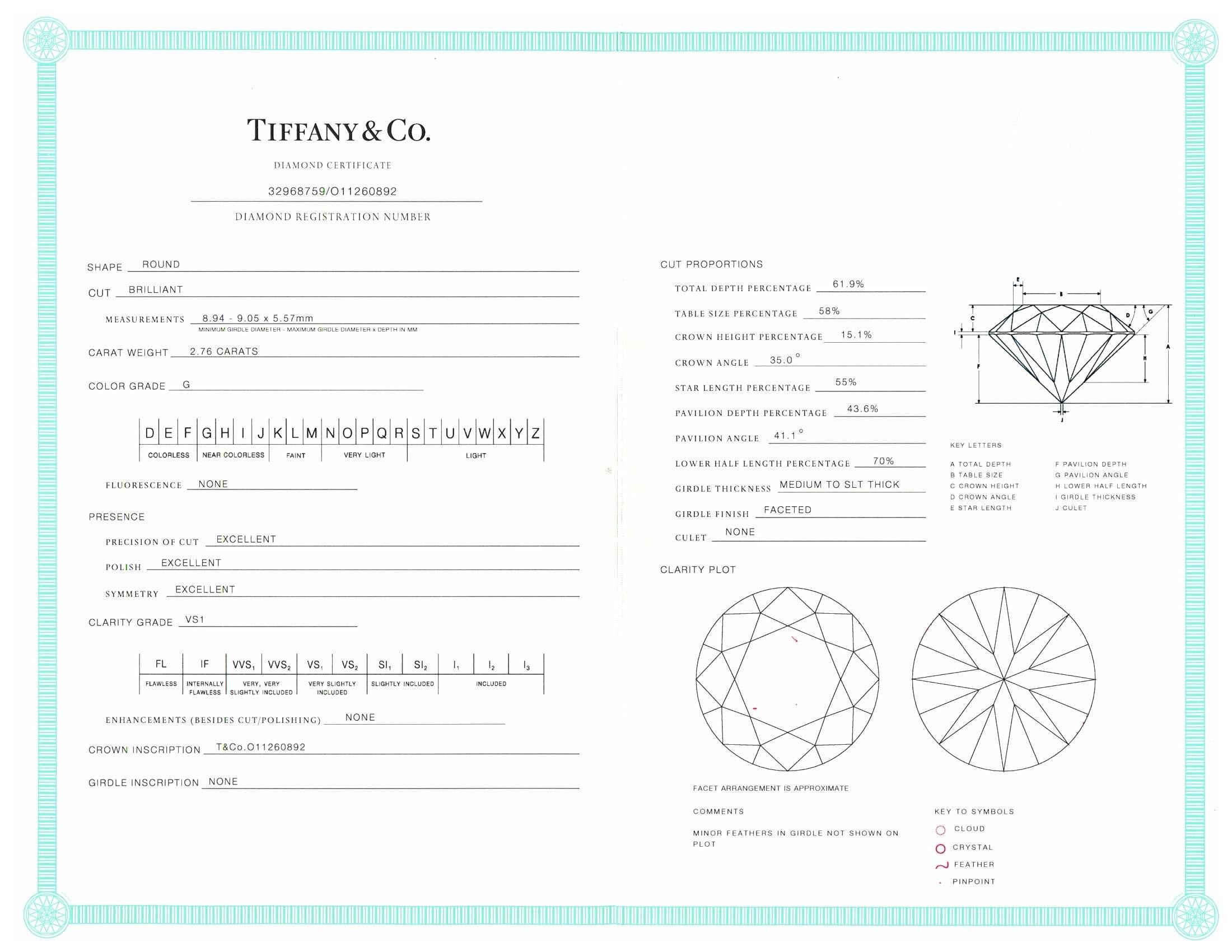 Tiffany & Co. Platinum Round Diamond Solitaire Engagement Ring 2.76 Ct GVS1 2