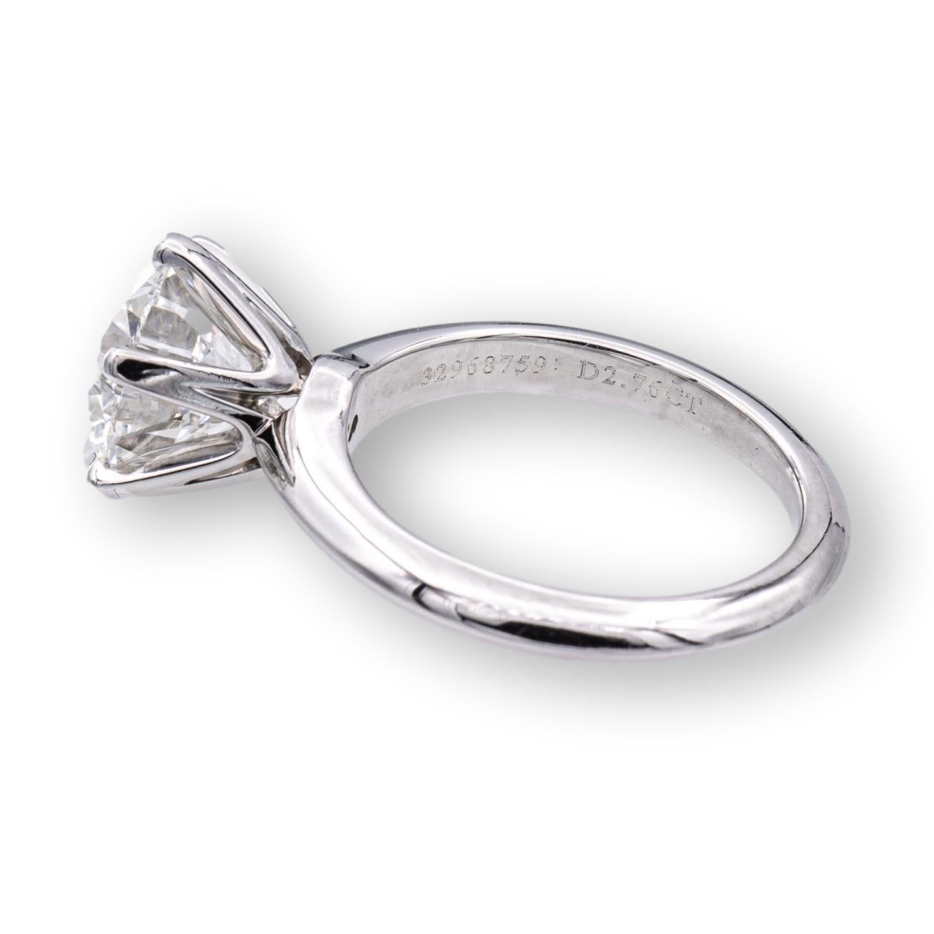 Contemporary Tiffany & Co. Platinum Round Diamond Solitaire Engagement Ring 2.76 Ct GVS1