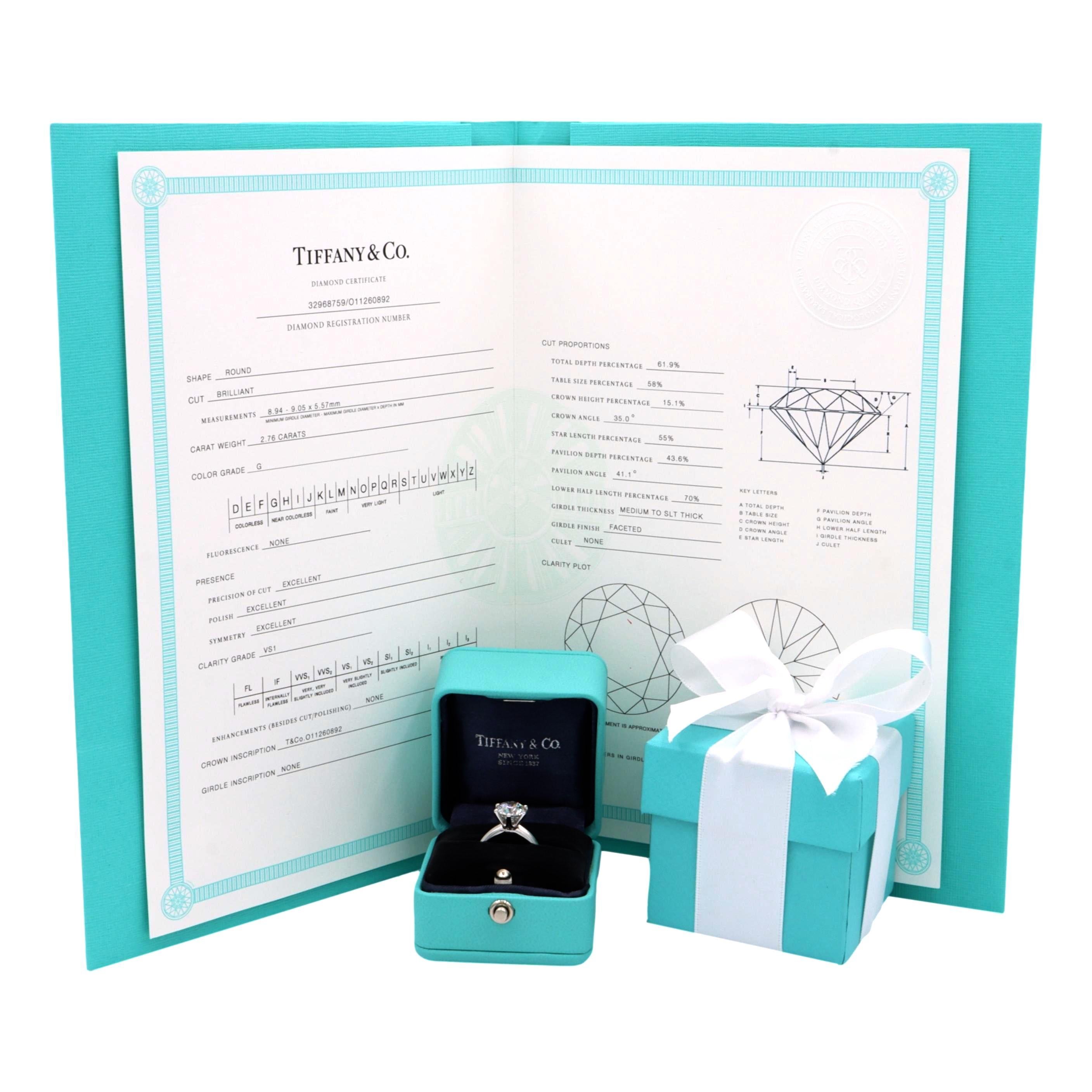 Women's Tiffany & Co. Platinum Round Diamond Solitaire Engagement Ring 2.76 Ct GVS1