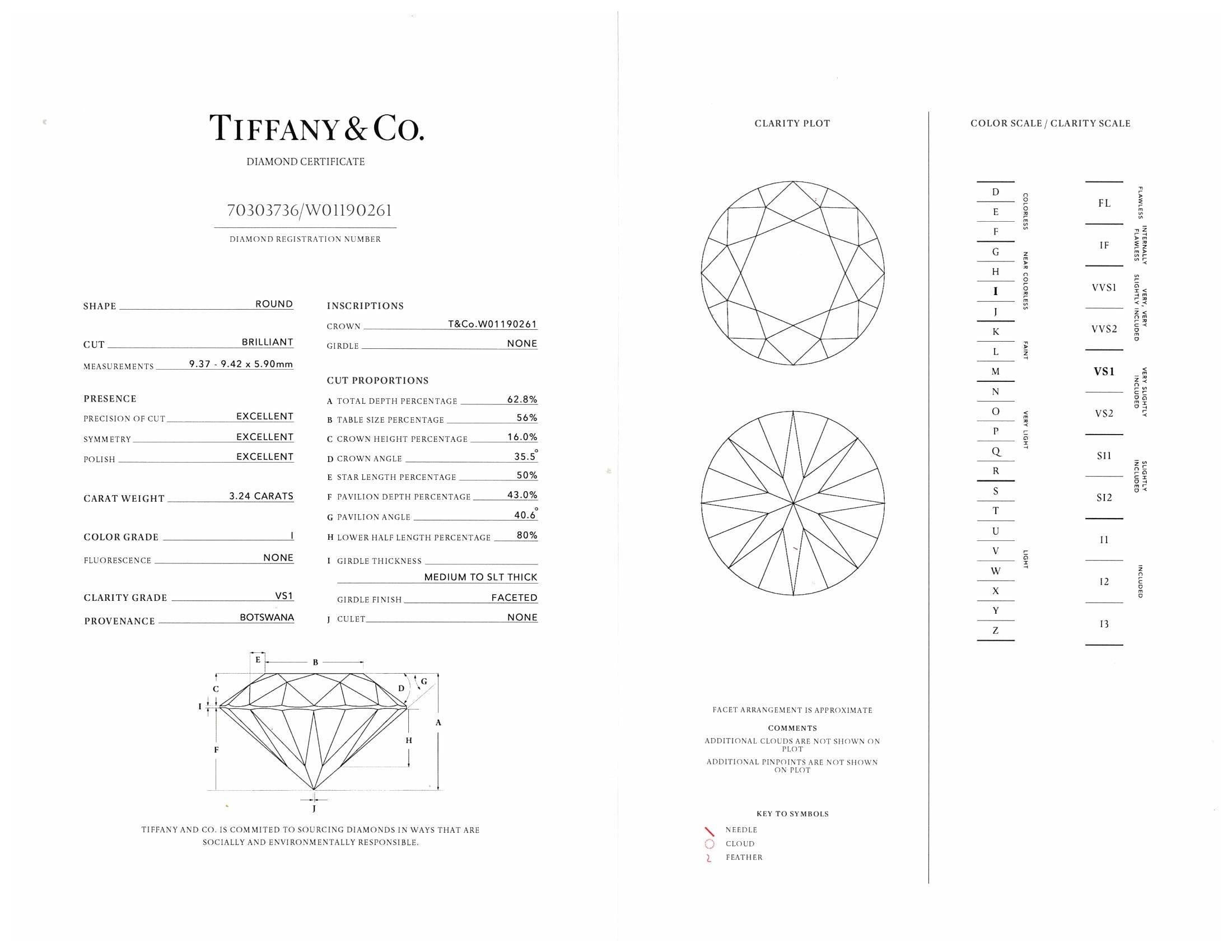 Tiffany & Co. Platinum Round Diamond Solitaire Engagement Ring 3.24ct IVS1 4