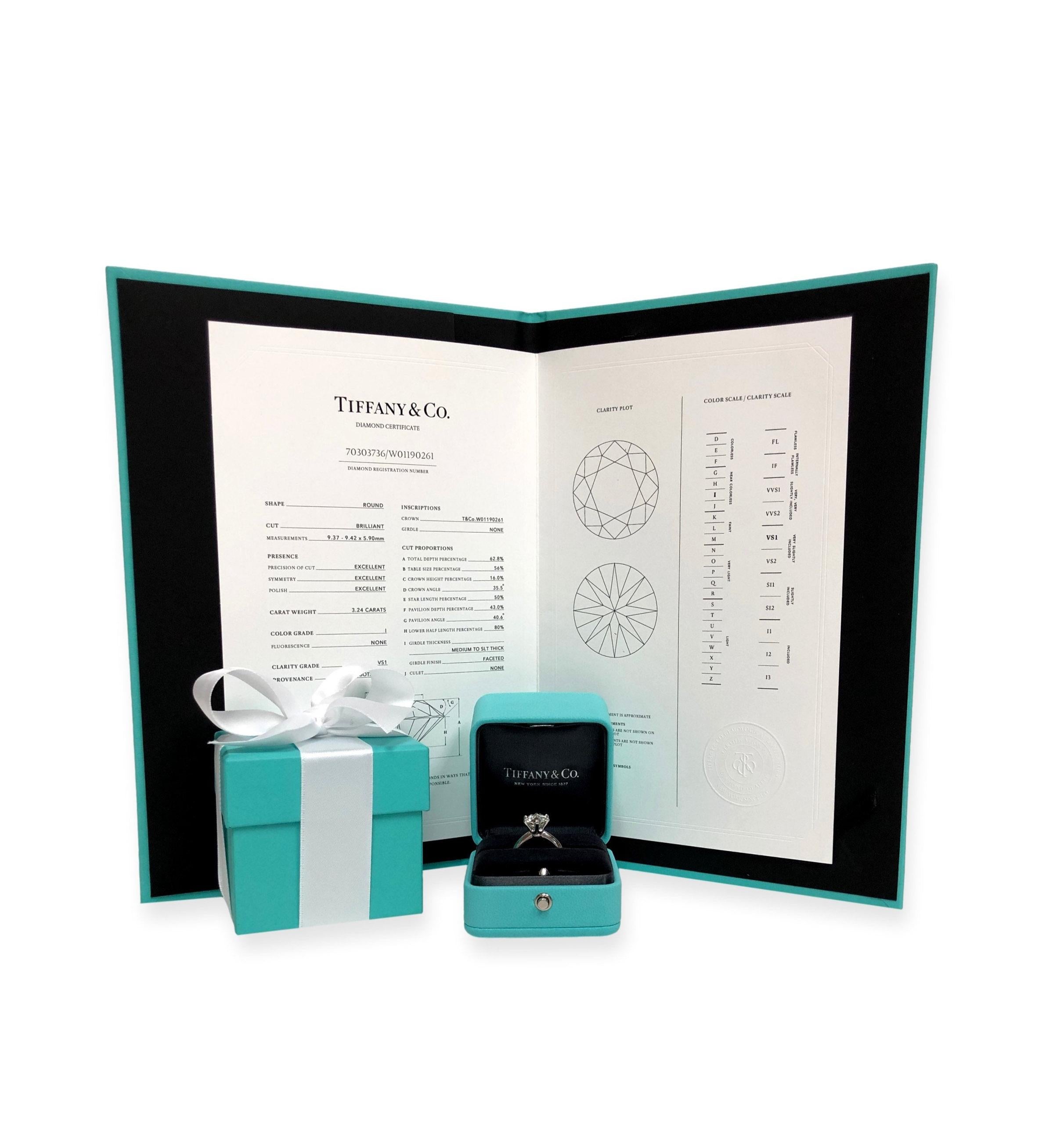 Tiffany & Co. Platinum Round Diamond Solitaire Engagement Ring 3.24ct IVS1 3