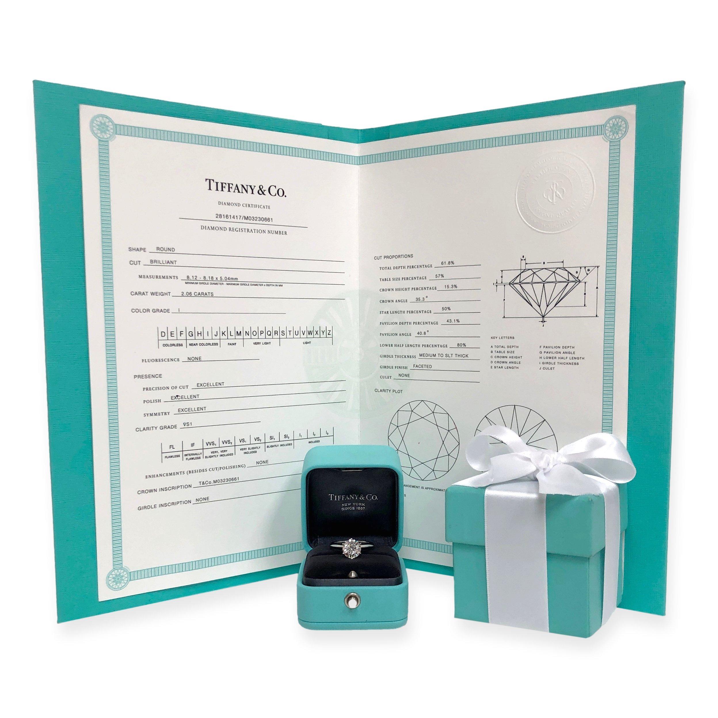 Tiffany & Co. Platinum Round Diamond Solitaire Engagement Ring Round 2.06ct IVS1 2