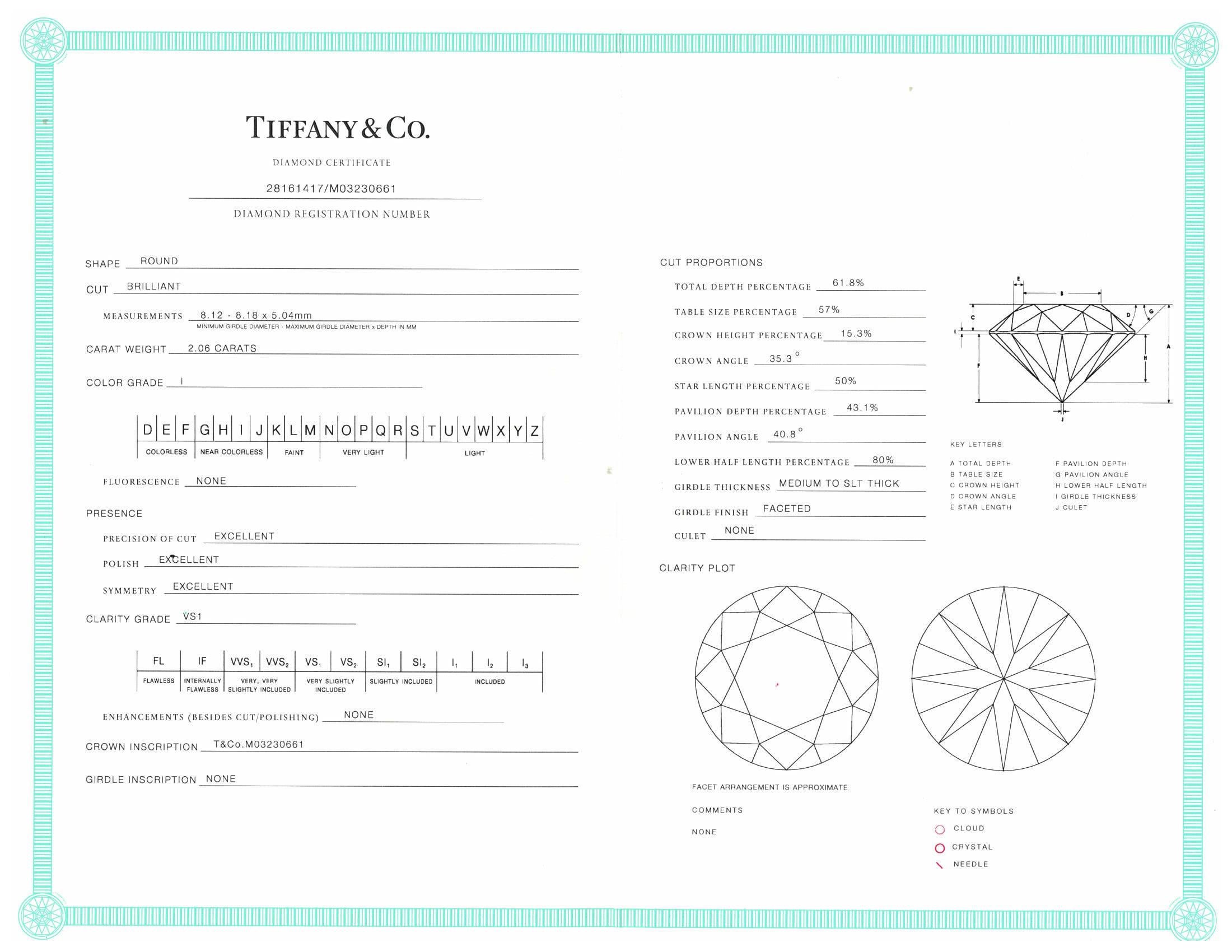 Tiffany & Co. Platinum Round Diamond Solitaire Engagement Ring Round 2.06ct IVS1 3