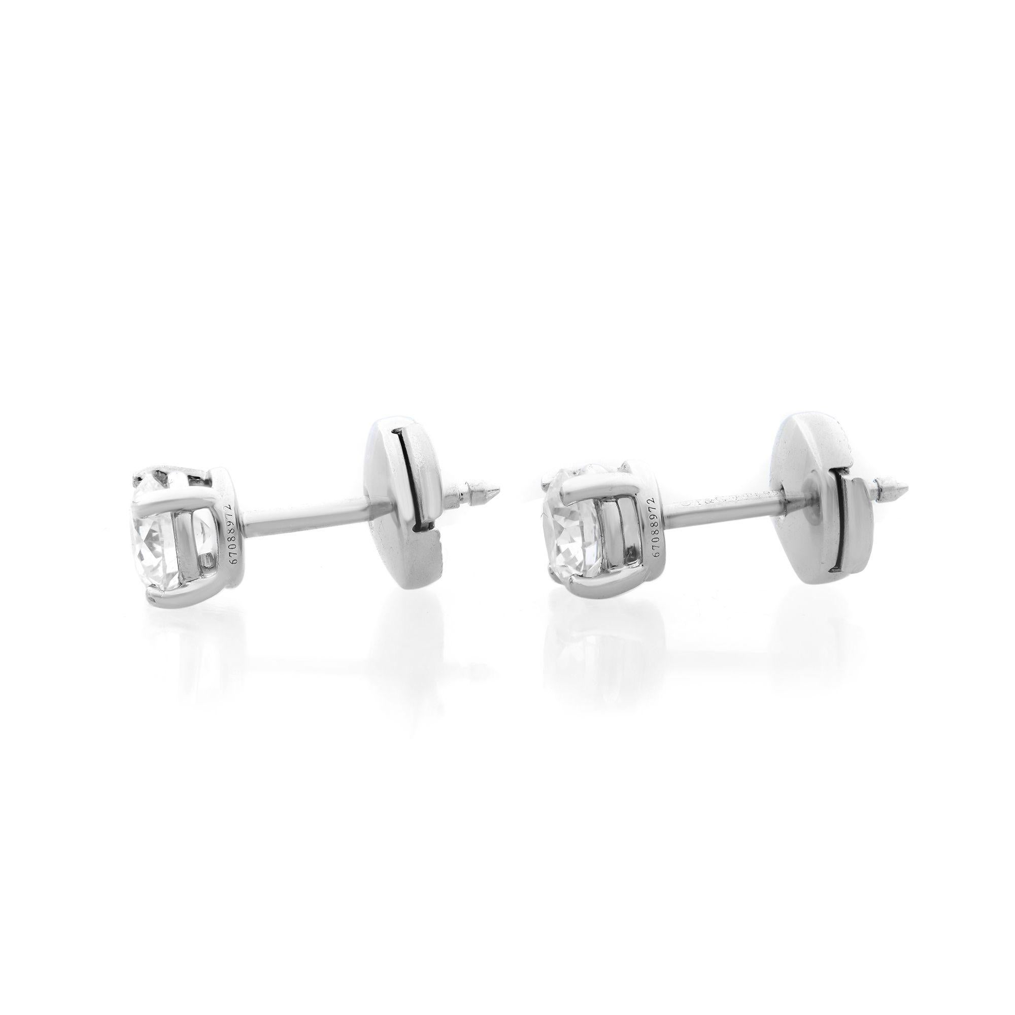 Modern Tiffany & Co. Platinum Round Diamond Solitaire Stud Earrings 1.00 Carat