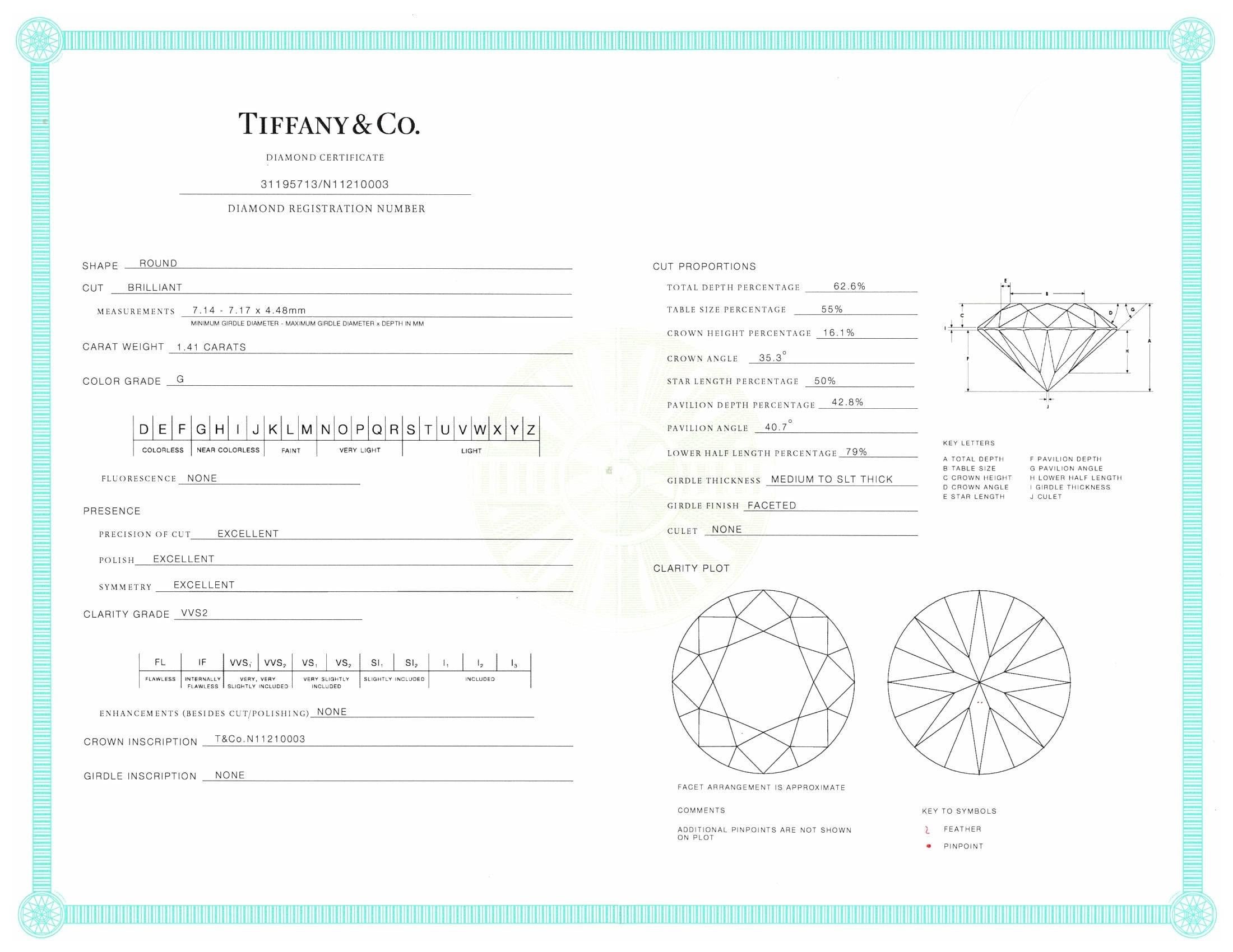 Tiffany & Co. Platinum Round Solitaire Diamond Pendant Necklace 1.41ct GVVS2 1