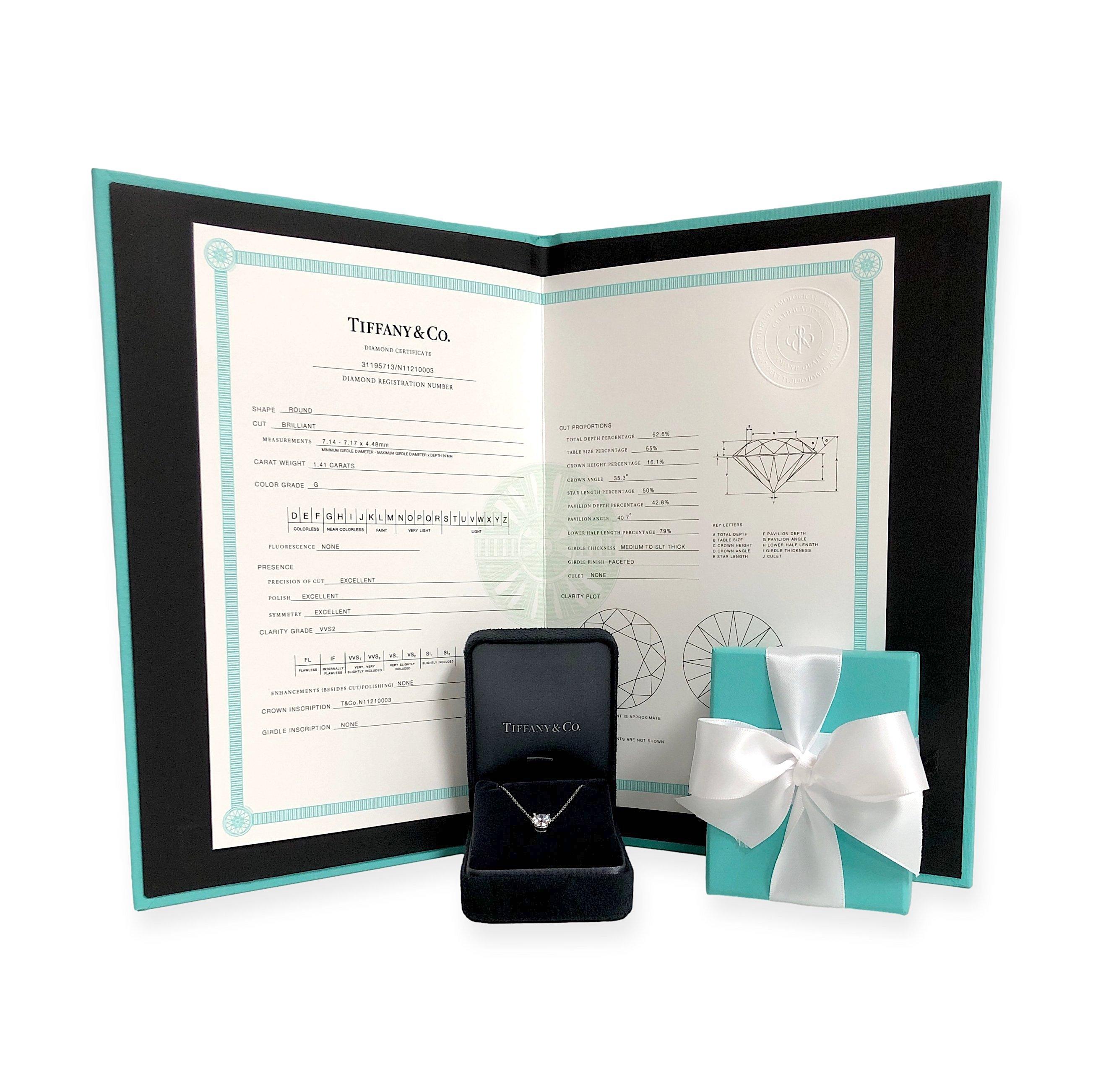 Tiffany & Co. Platin-Halskette mit rundem Solitär-Diamant-Anhänger 1,41 Karat GVVS2 2