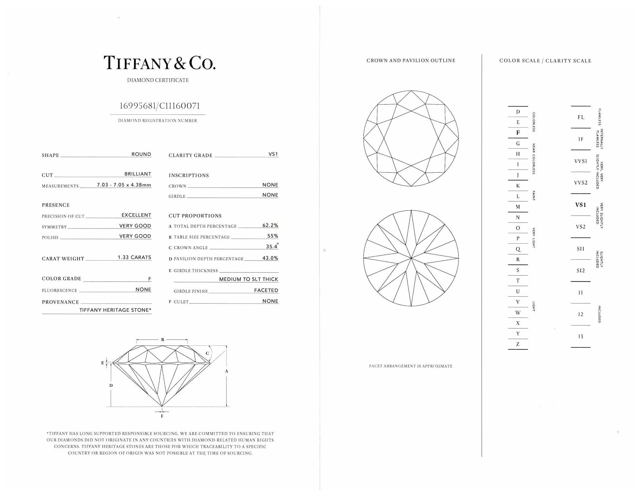 Tiffany & Co. Platinum Round Three Diamond Engagement Ring w/Baguettes 1.33 FVS1 1