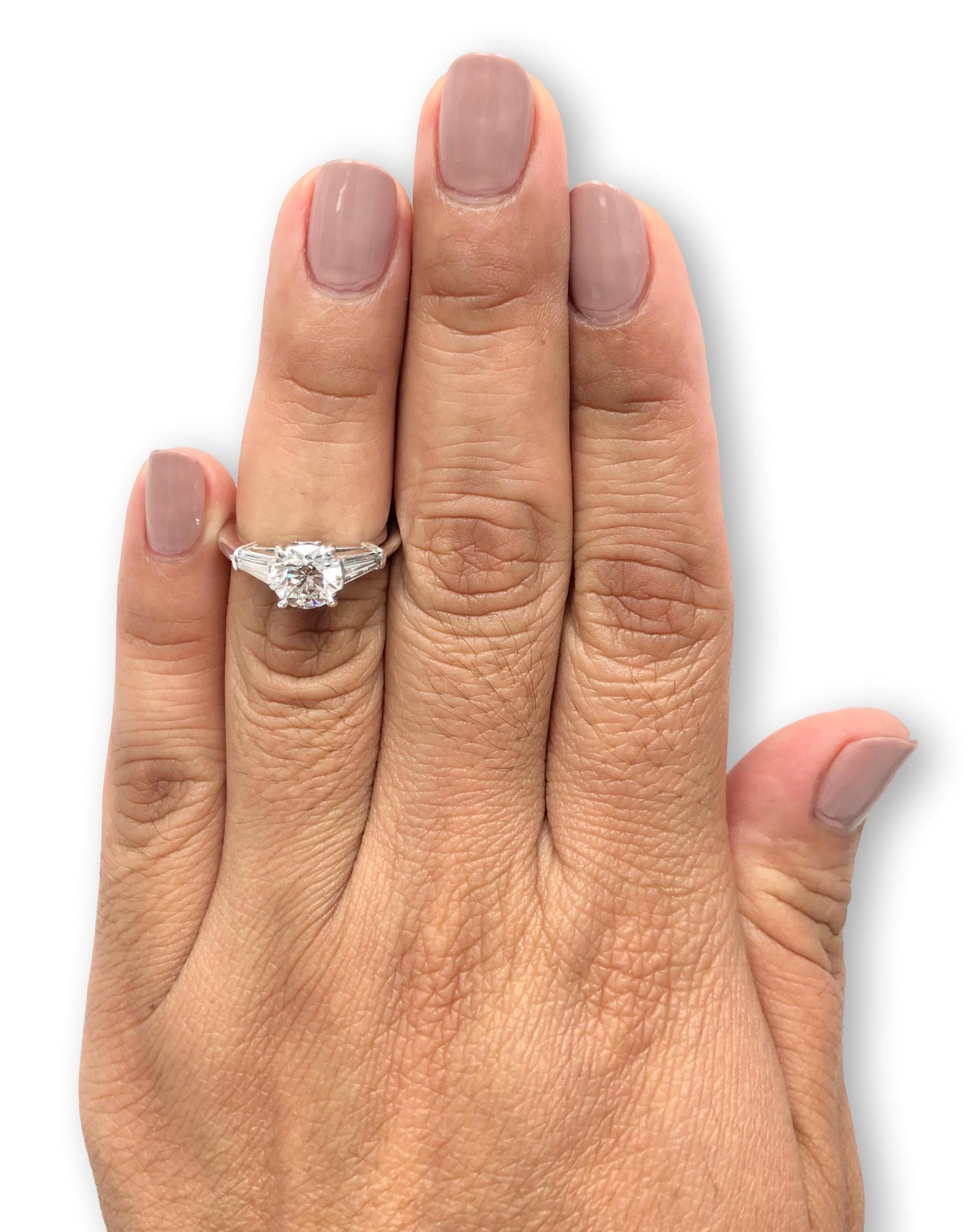 Round Cut Tiffany & Co. Platinum Round Three Diamond Engagement Ring w/Baguettes 1.33 FVS1