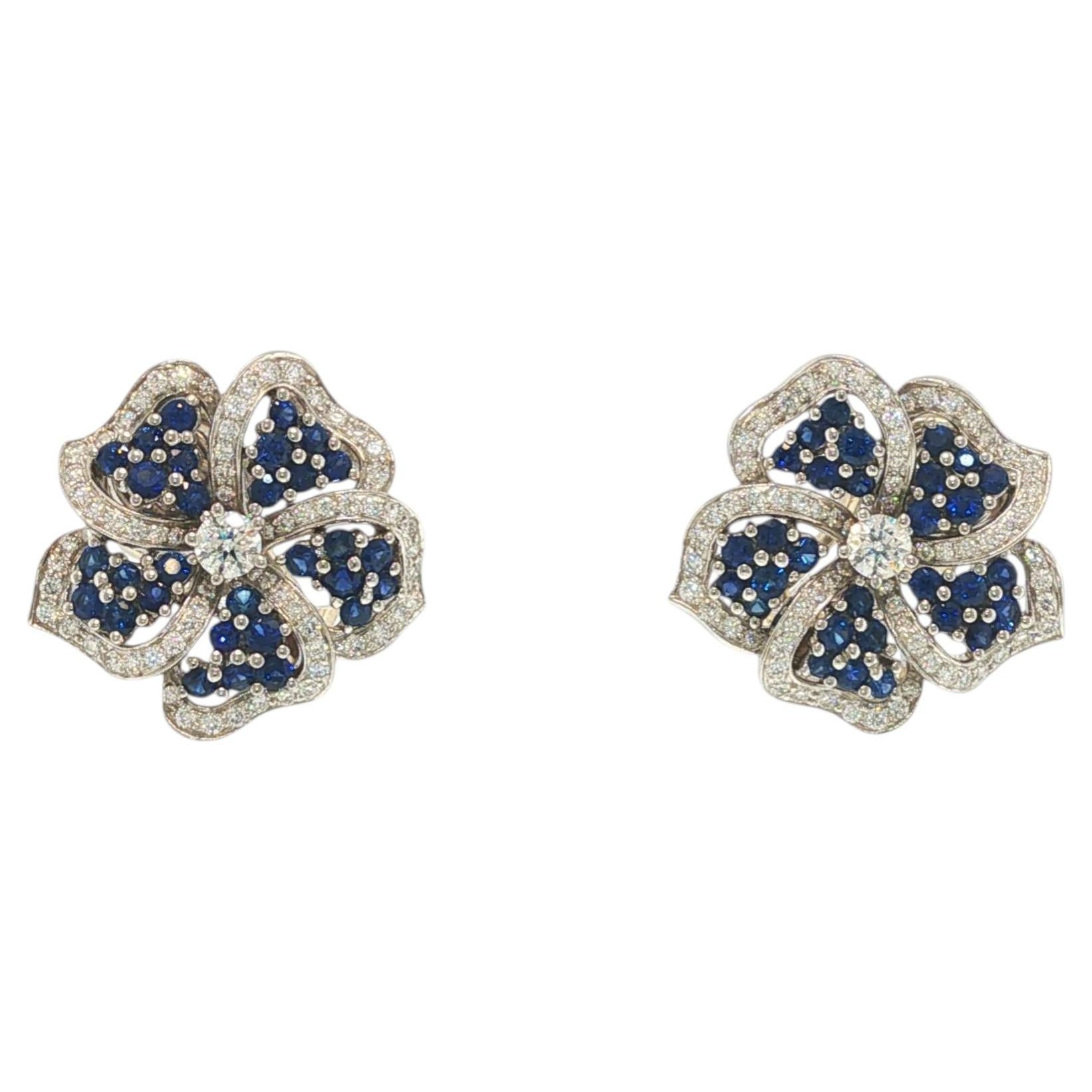 Tiffany & Co. Platinum Sapphire and Diamond Flower Earrings 1994 For Sale