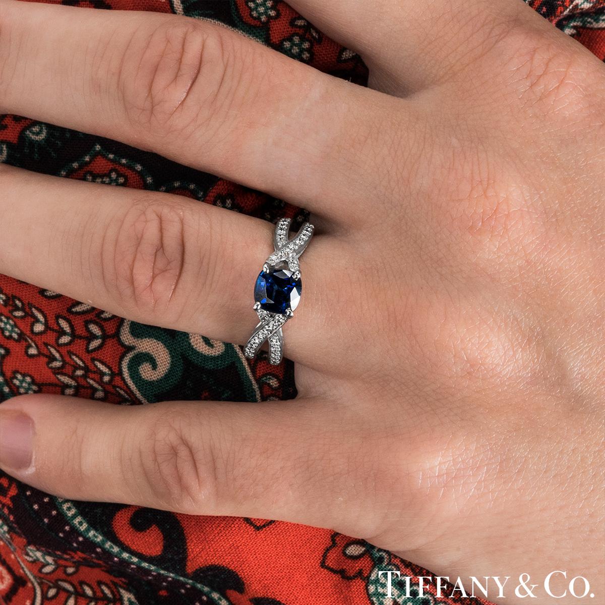 Cushion Cut Tiffany & Co. Platinum Sapphire and Diamond Ring