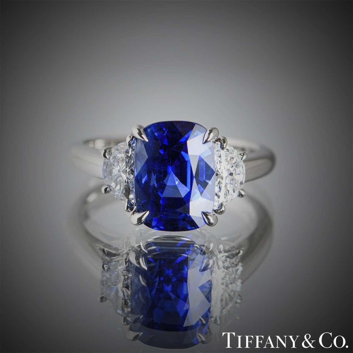 Cushion Cut Tiffany & Co. Platinum Sapphire & Diamond Ring 4.50 Carats