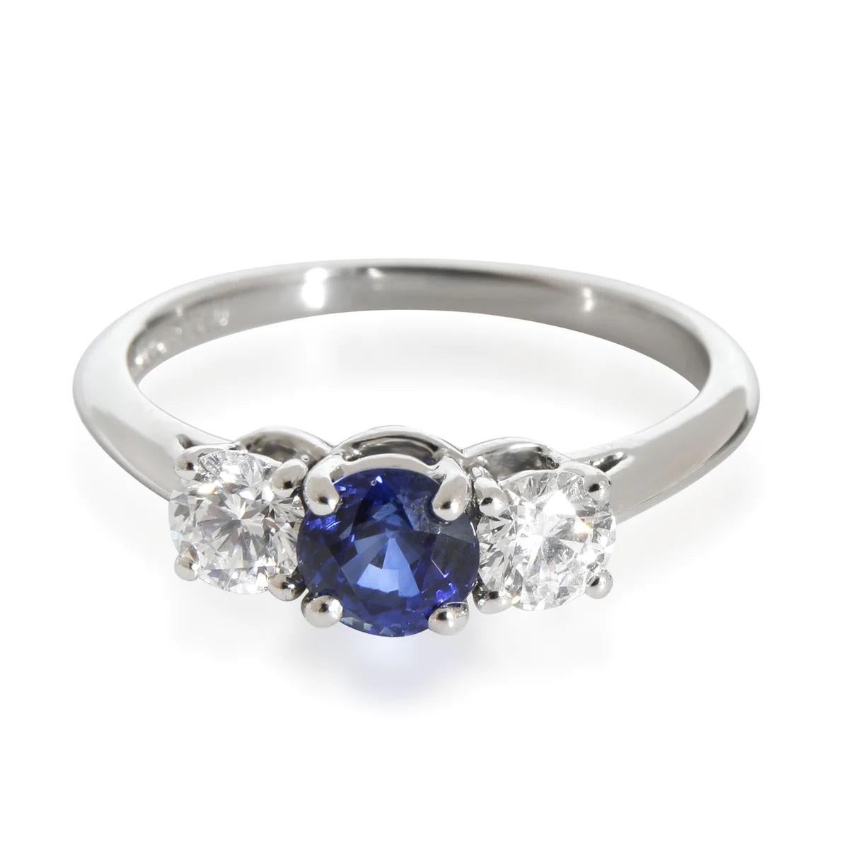 Round Cut TIFFANY & Co. Platinum Sapphire Diamond Three Stone Engagement Ring 6.5 For Sale