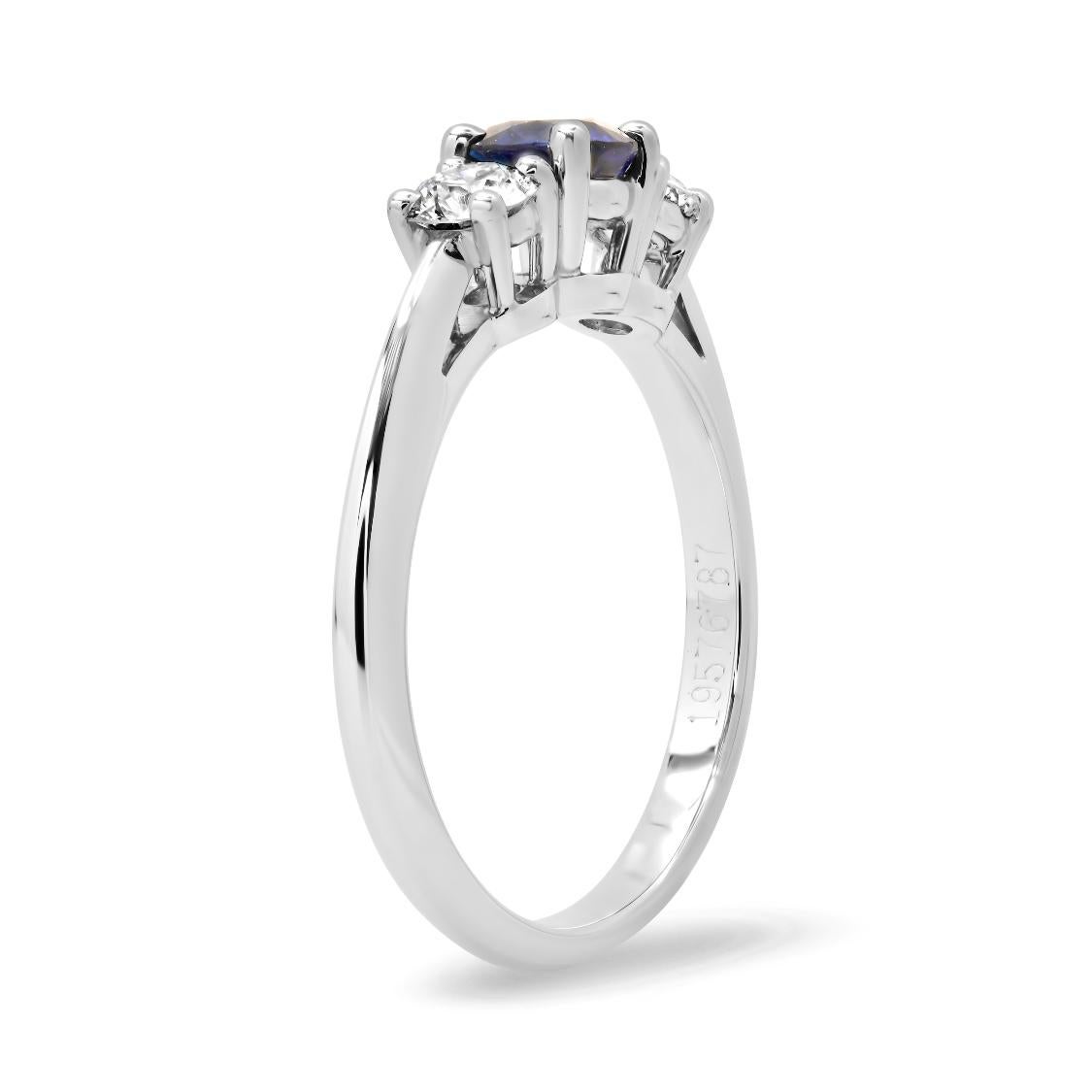 Round Cut TIFFANY & Co. Platinum Sapphire Diamond Three Stone Engagement Ring 6.5 For Sale
