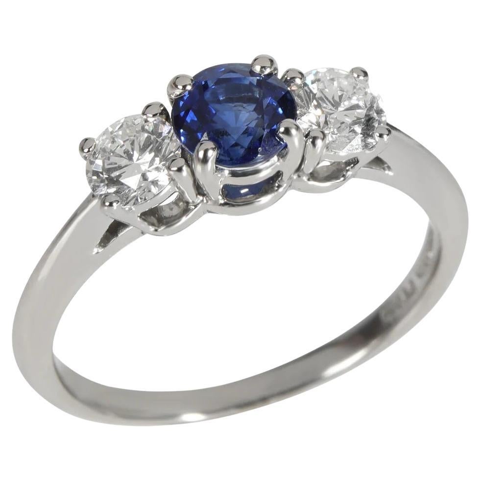 TIFFANY & Co. Platinum Sapphire Diamond Three Stone Engagement Ring 6.5 For Sale