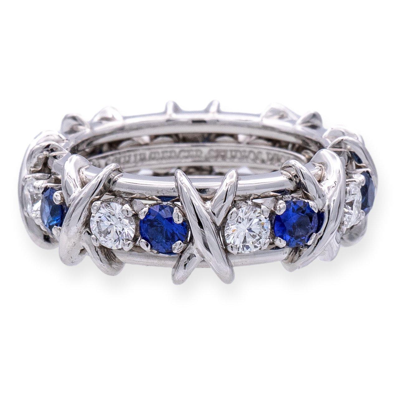 Modern Tiffany & Co Platinum Schlumberger 16 Stone Sapphire Diamond X Ring Size 4 For Sale