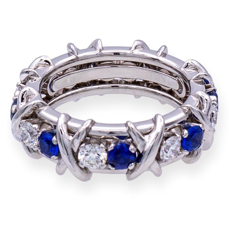 Round Cut Tiffany & Co Platinum Schlumberger 16 Stone Sapphire Diamond X Ring Size 4 For Sale