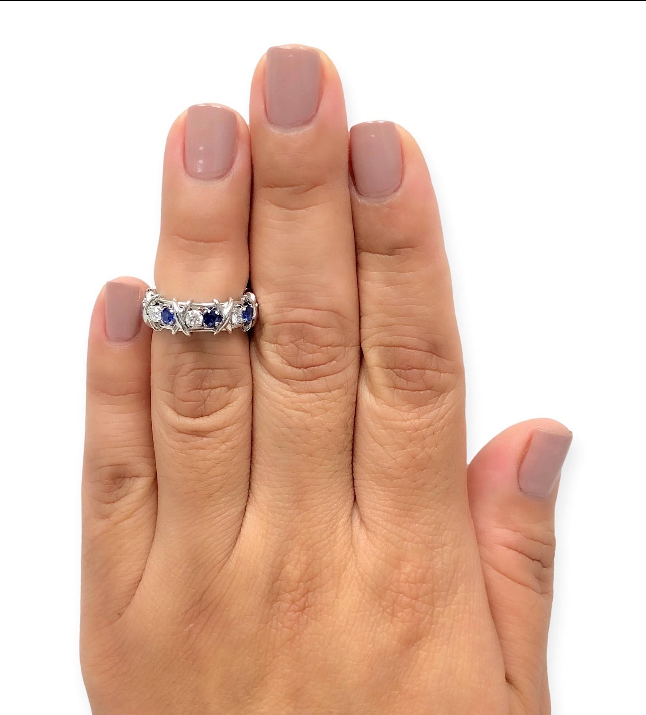 Tiffany & Co Platinum Schlumberger 16 Stone Sapphire Diamond X Ring Size 4 In Excellent Condition For Sale In New York, NY