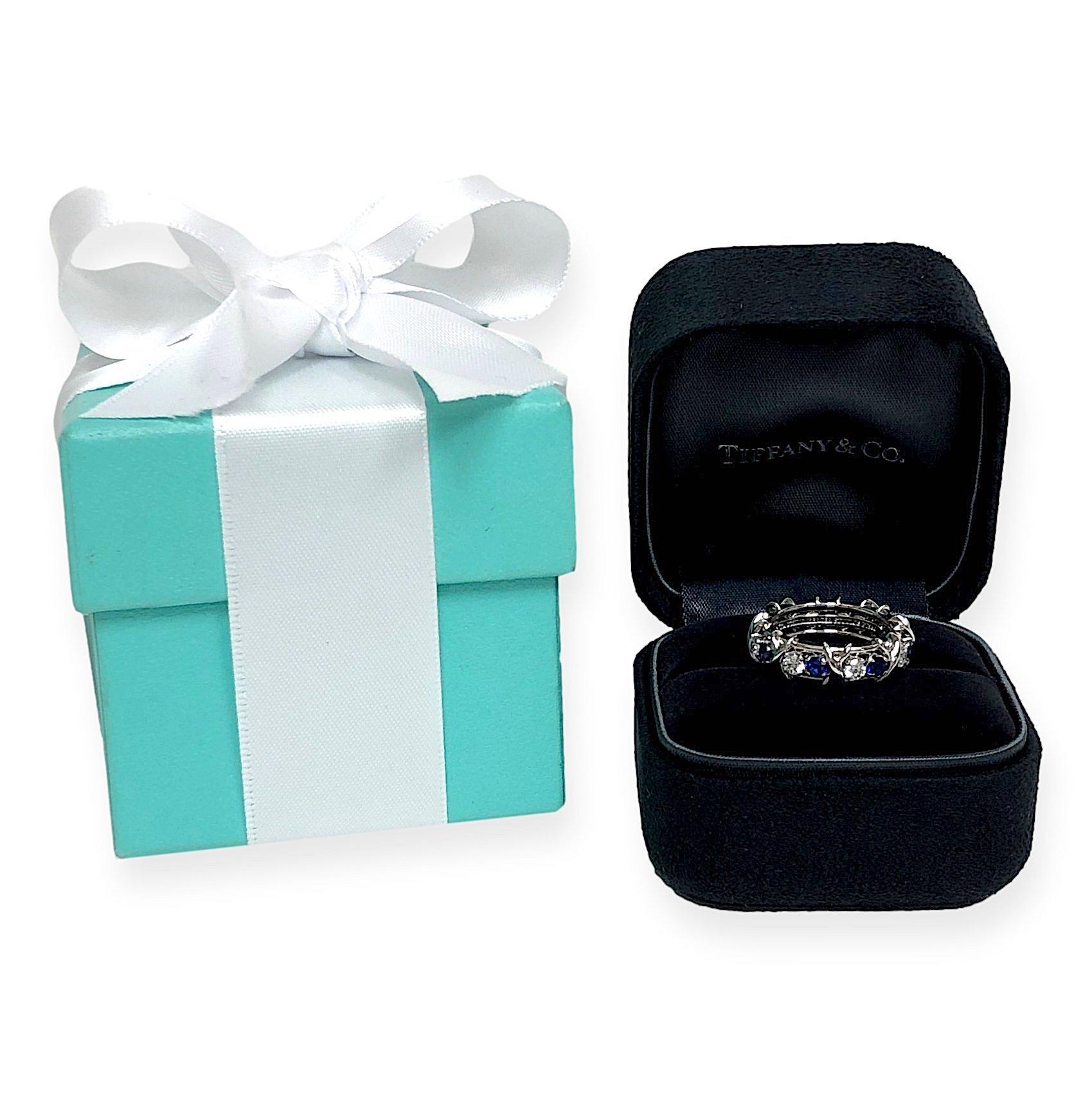 Round Cut Tiffany & Co Platinum Schlumberger 16 Stone Sapphire Diamond X Ring Size 4