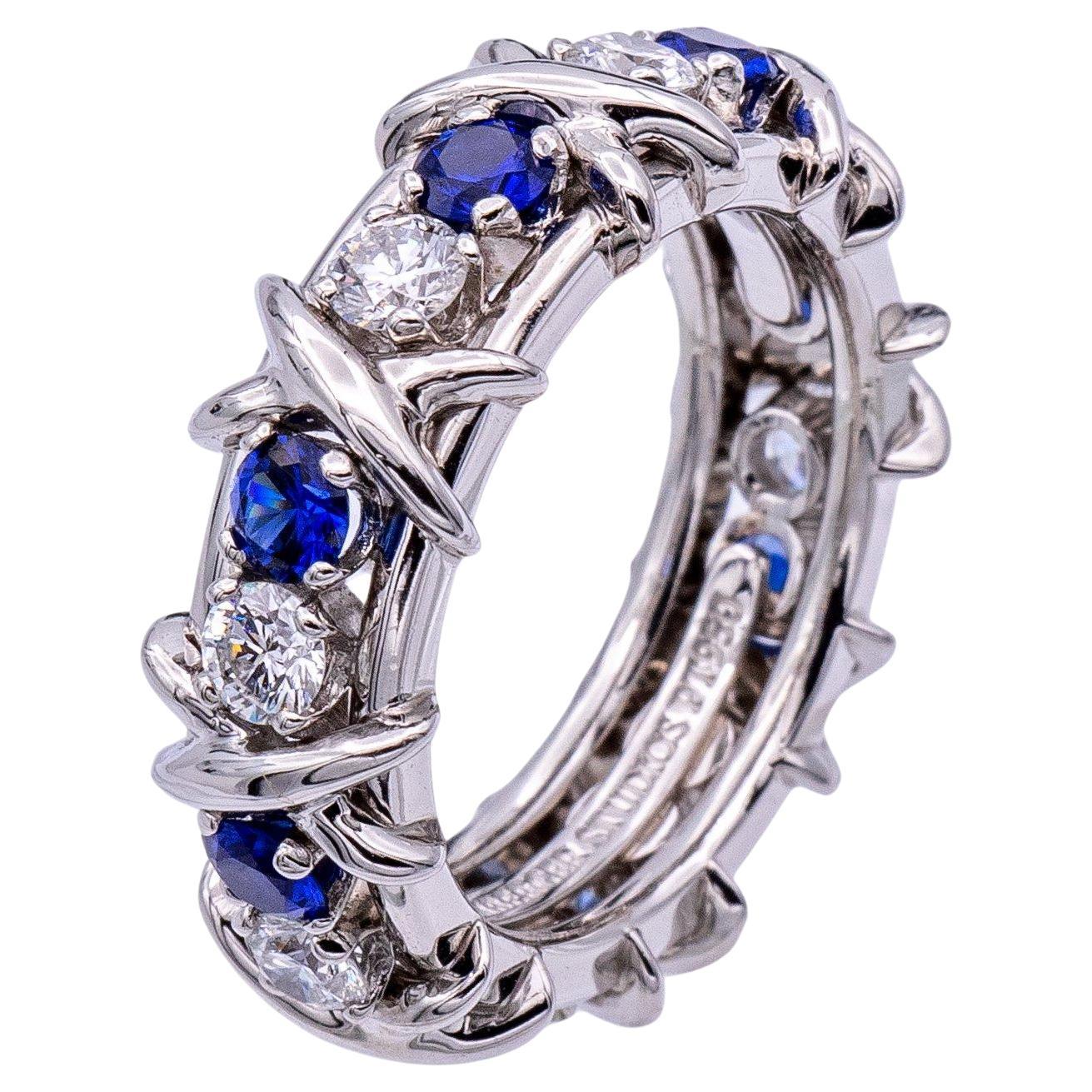 Tiffany & Co Platinum Schlumberger 16 Stone Sapphire Diamond X Ring Size 4 For Sale