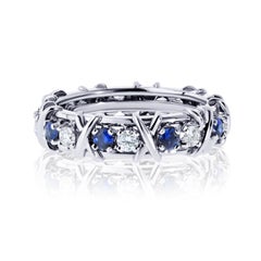 Tiffany & Co. Platinum Schlumberger Sixteen Stone Diamond And Sapphire Ring