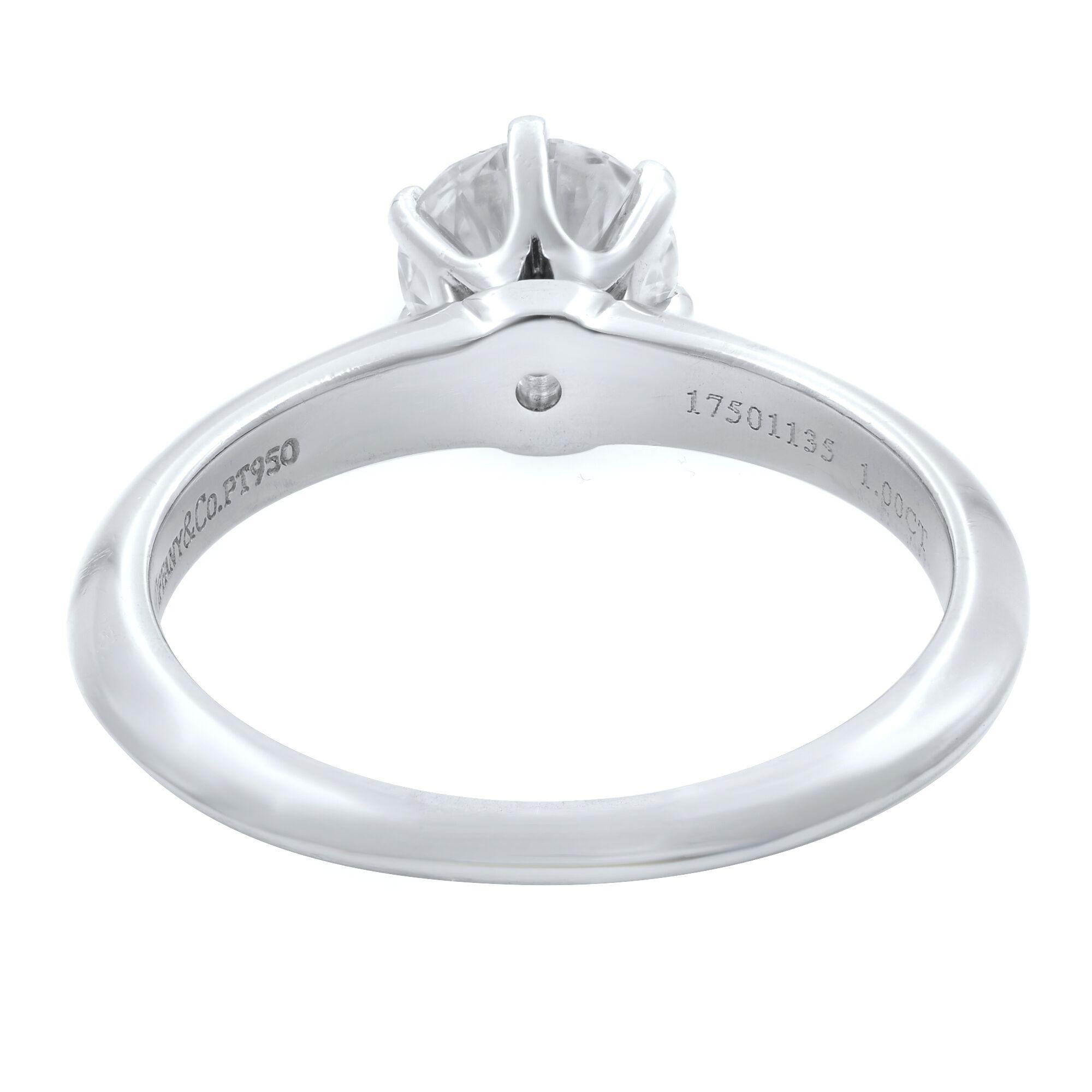 Modern Tiffany & Co. Platinum Six Prong Round Solitaire Engagement Ring 1.00 Carat