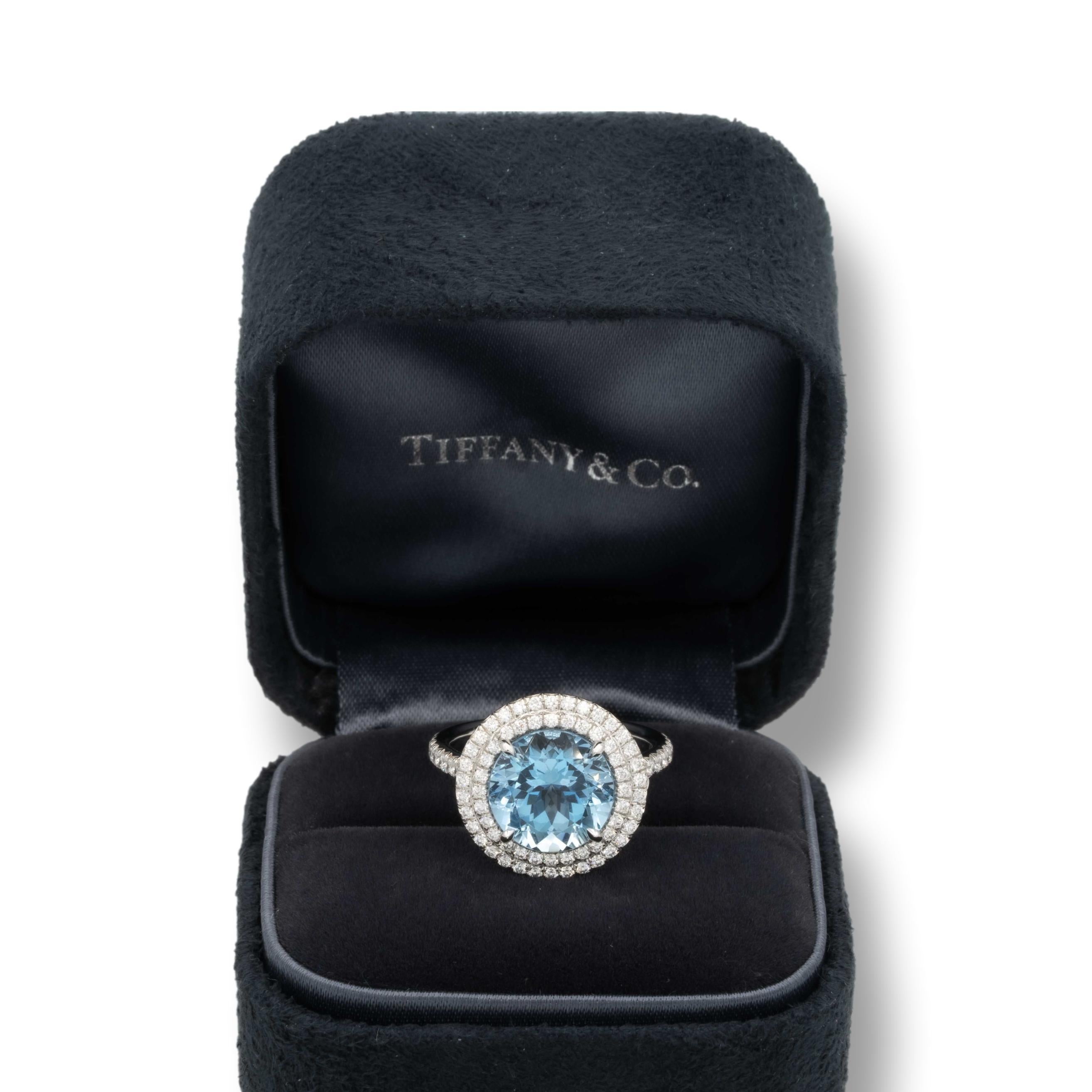 Modern Tiffany & Co. Platinum Soleste 5 Ct Center Aquamarine and Diamond Ring