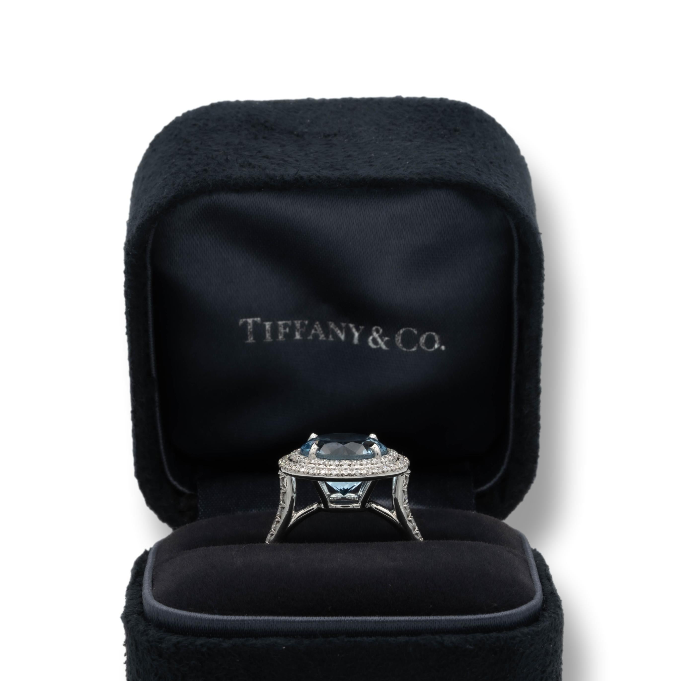 Round Cut Tiffany & Co. Platinum Soleste 5 Ct Center Aquamarine and Diamond Ring