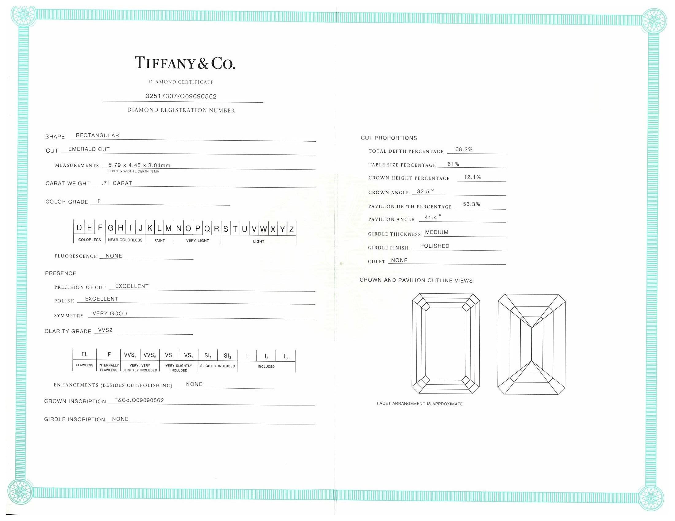 Tiffany & Co. Platinum Soleste Emerald Cut Halo Engagement Ring .97 Cts Ttl. FVV 2