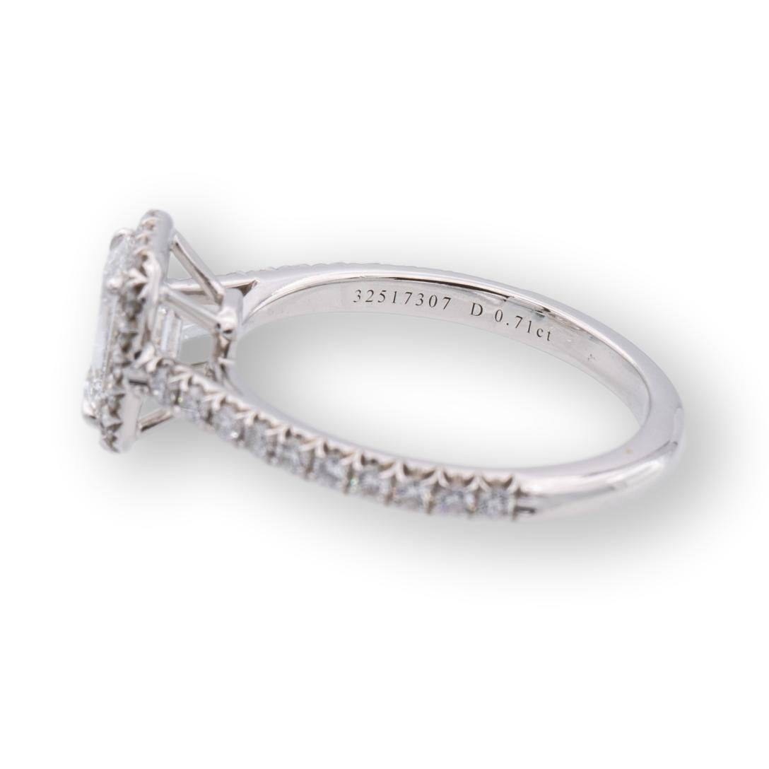 Modern Tiffany & Co. Platinum Soleste Emerald Cut Halo Engagement Ring .97 Cts Ttl. FVV