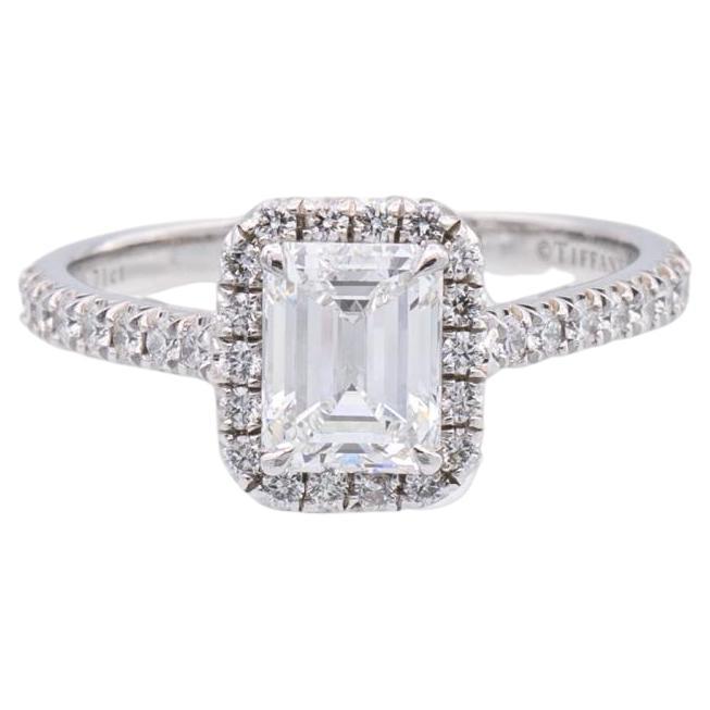 Tiffany & Co. Platinum Soleste Emerald Cut Halo Engagement Ring .97 Cts Ttl. FVV