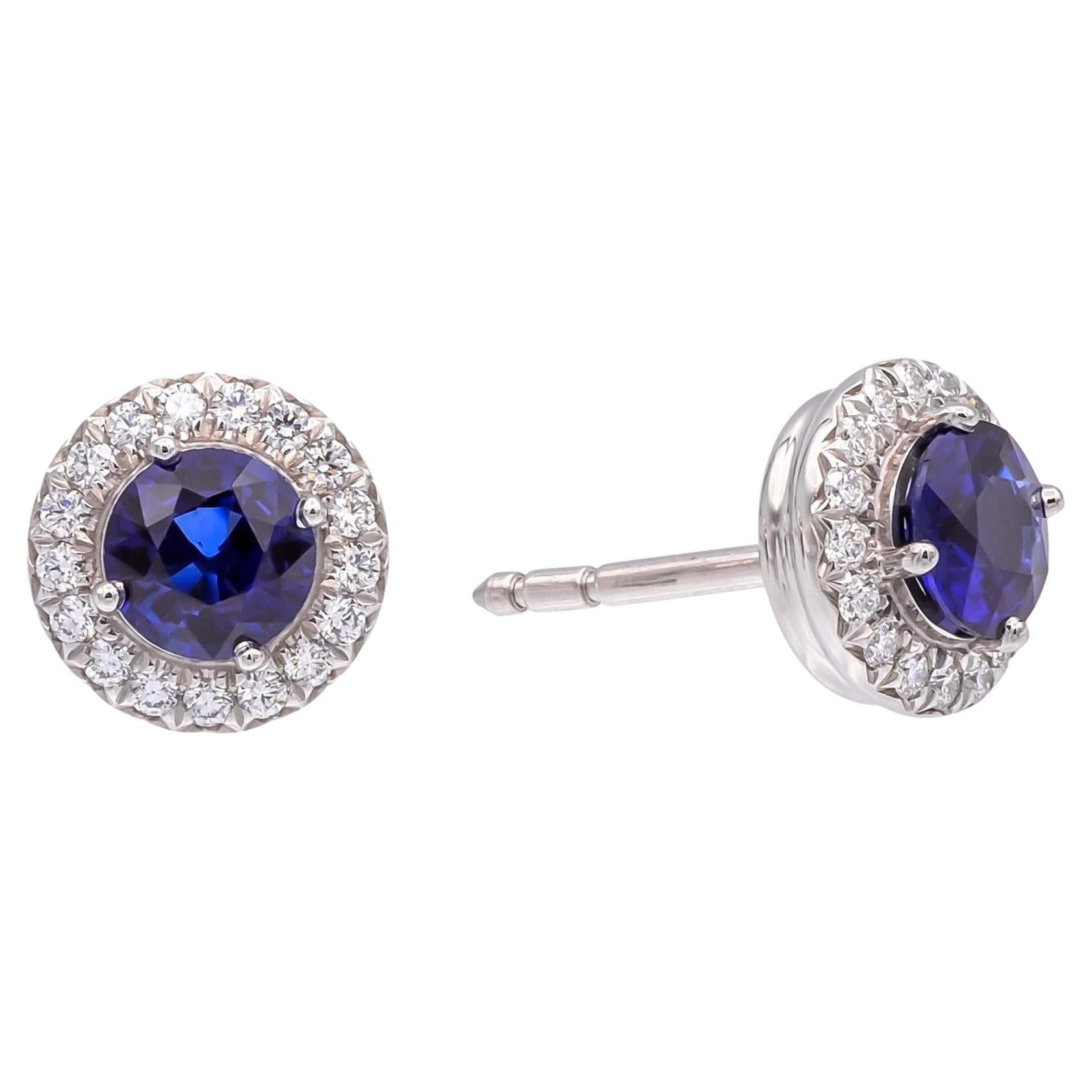 Tiffany 
Co. Platinum Soleste Halo Round Sapphire and Diamond Stud Earrings 1ct For Sale