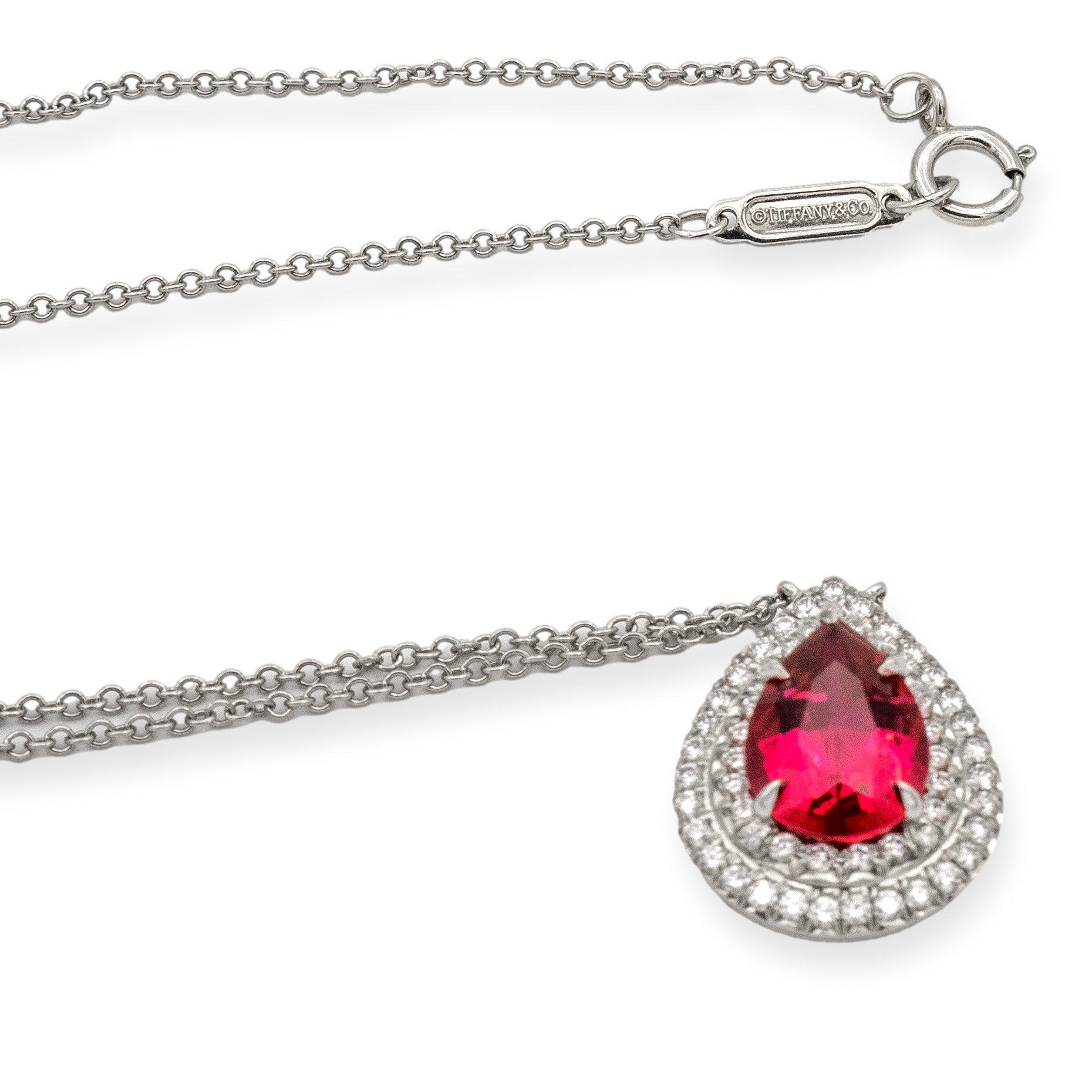 Tiffany & Co. Platinum Soleste Pear Shape Rubellite Diamond Pendant Necklace In Excellent Condition In New York, NY