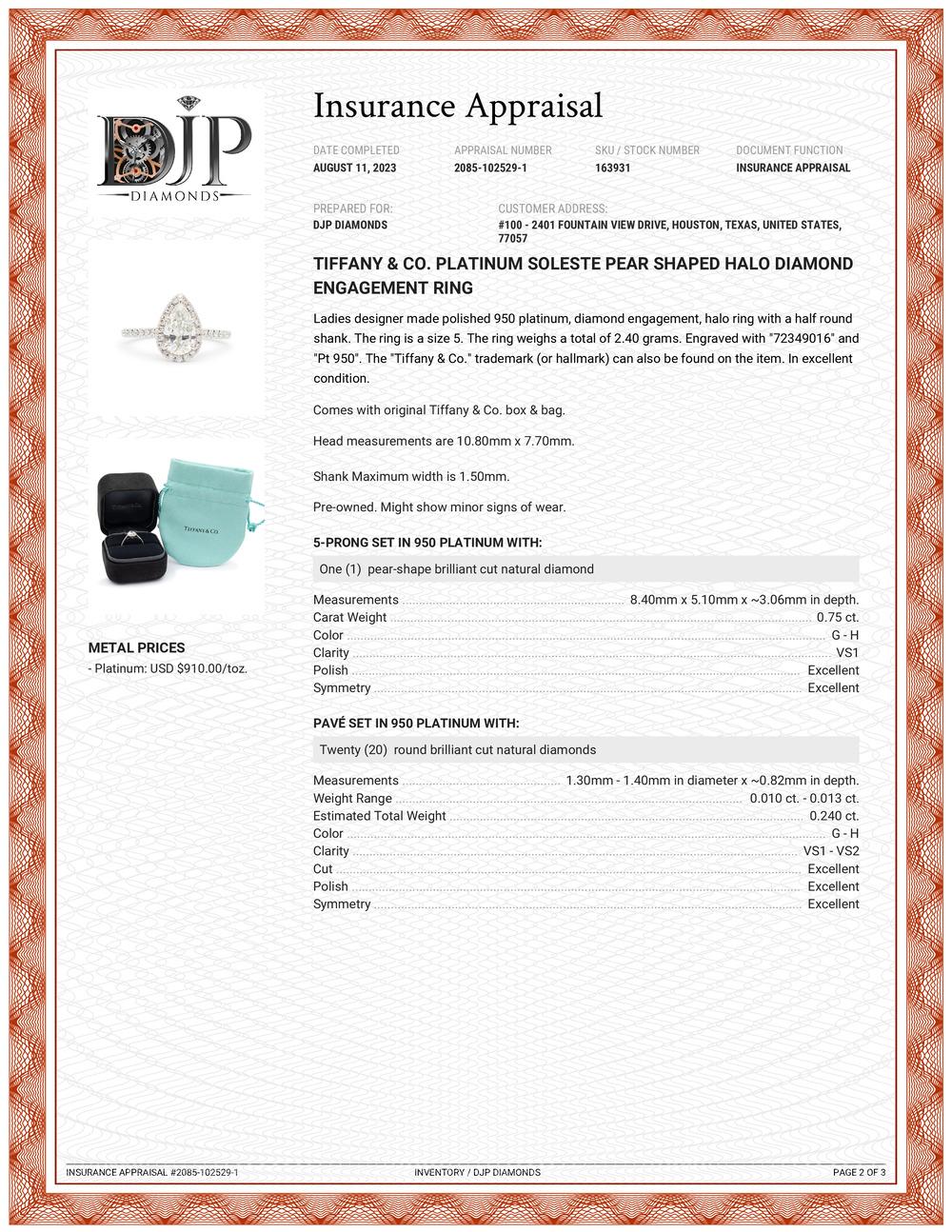 Tiffany & Co. Platinum Soleste Pear Shaped Halo Diamond Engagement Ring 2