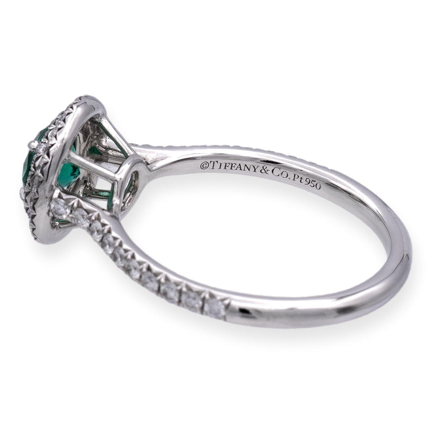 Tiffany & Co Platinum Soleste Round Emerald and Diamond Ring In Excellent Condition In New York, NY
