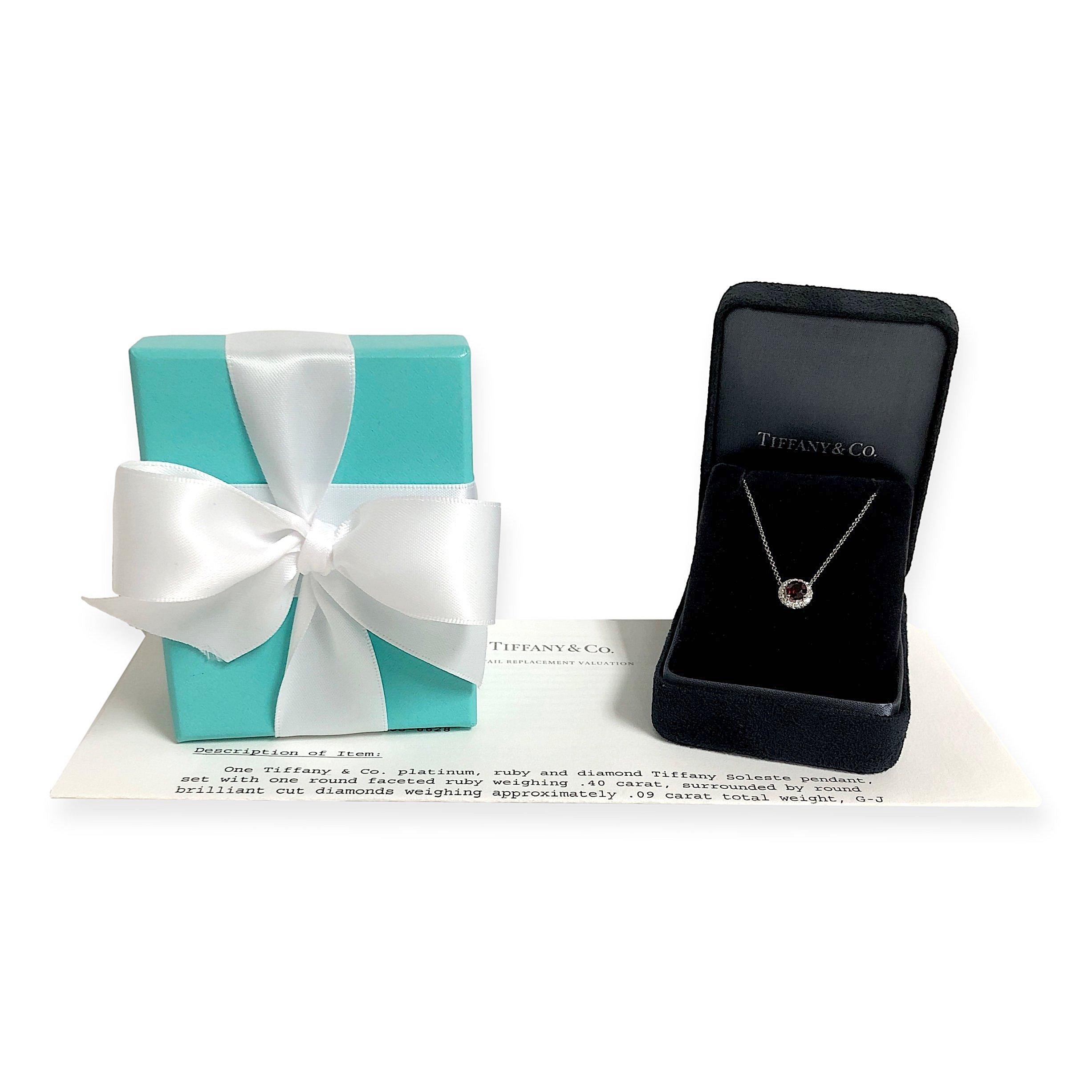 Round Cut Tiffany & Co. Platinum Soleste Round Ruby and Diamond Pendant