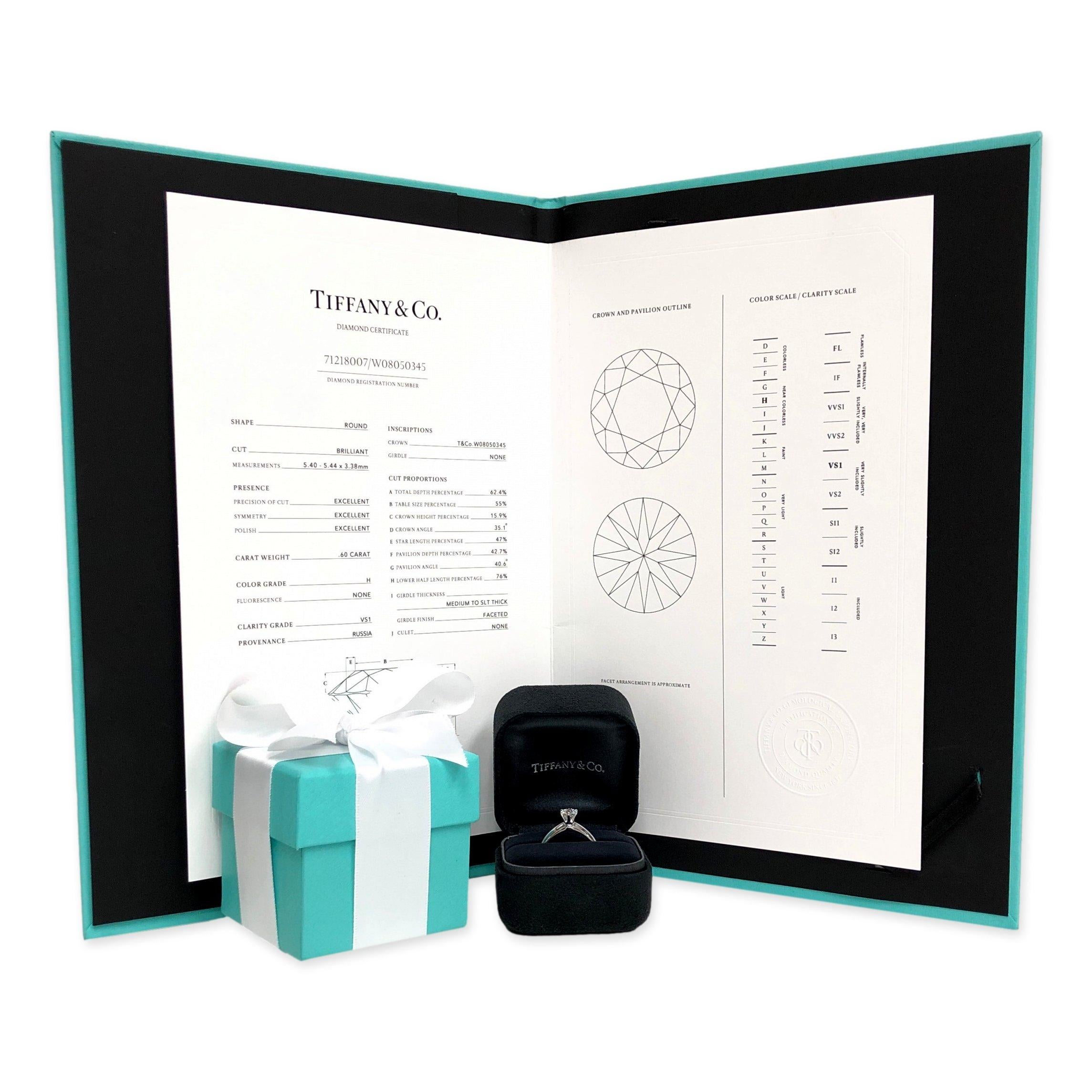 Tiffany & Co. Platinum Solitaire Diamond Engagement Ring Round 0.60 H VS1 2