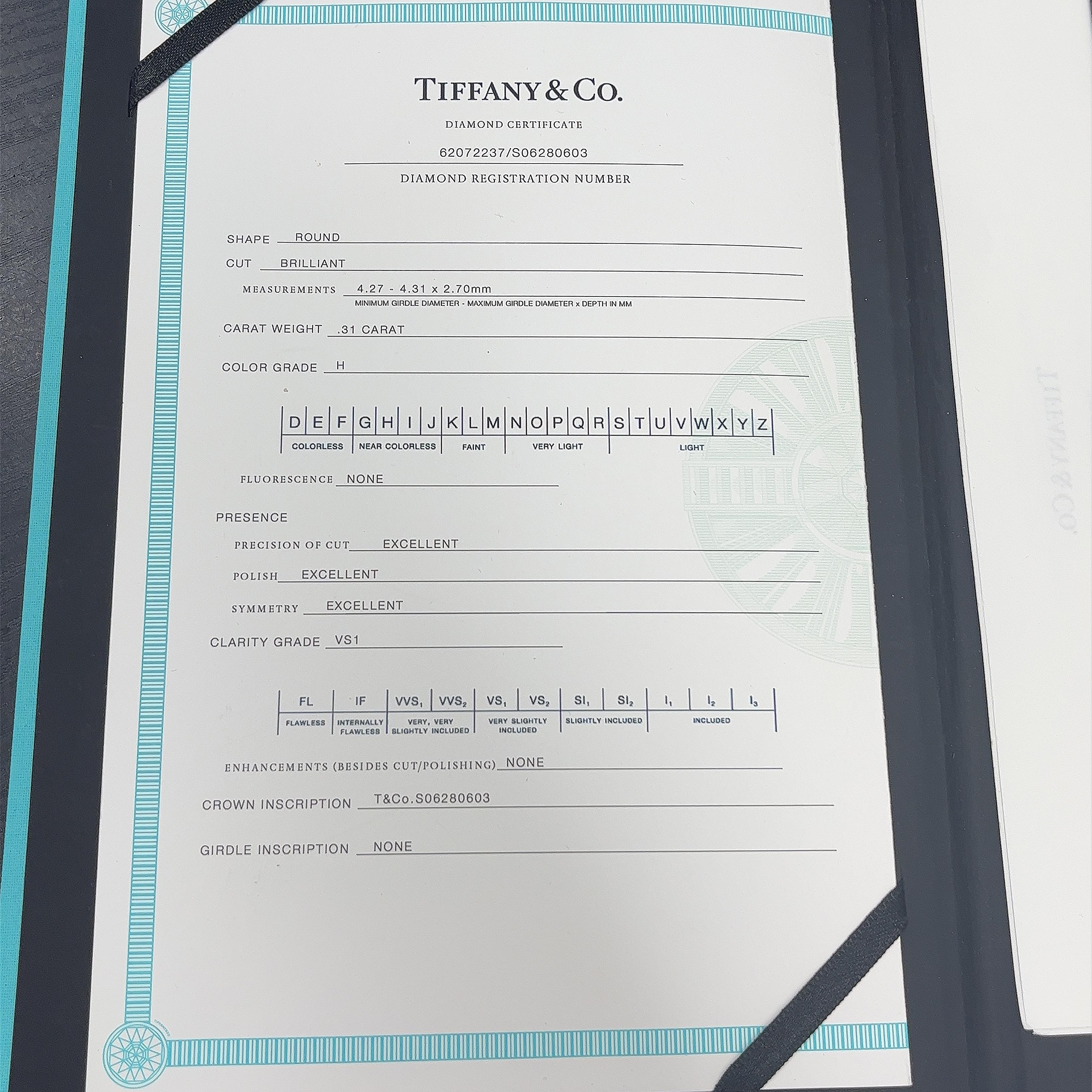 Tiffany & Co. Platin Solitär-Diamantring mit 0,31 Karat H/VS1 Dreifach-X (Rundschliff)