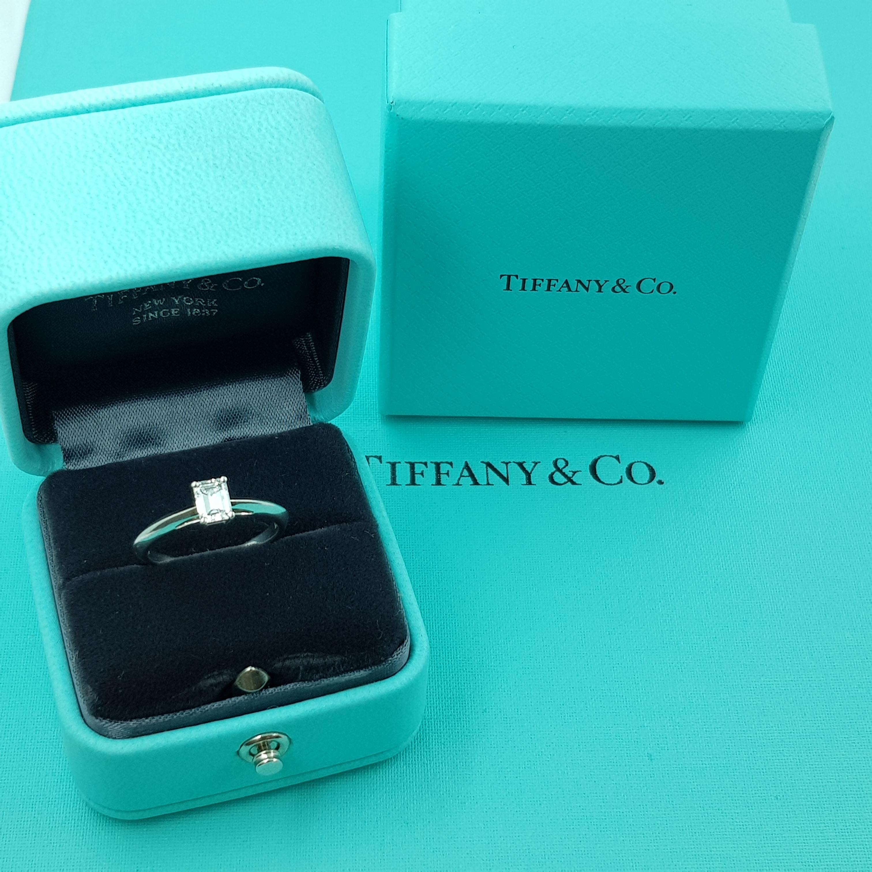Contemporary Tiffany & Co. Platinum Solitaire Emerald Cut Diamond Ring with Certification For Sale