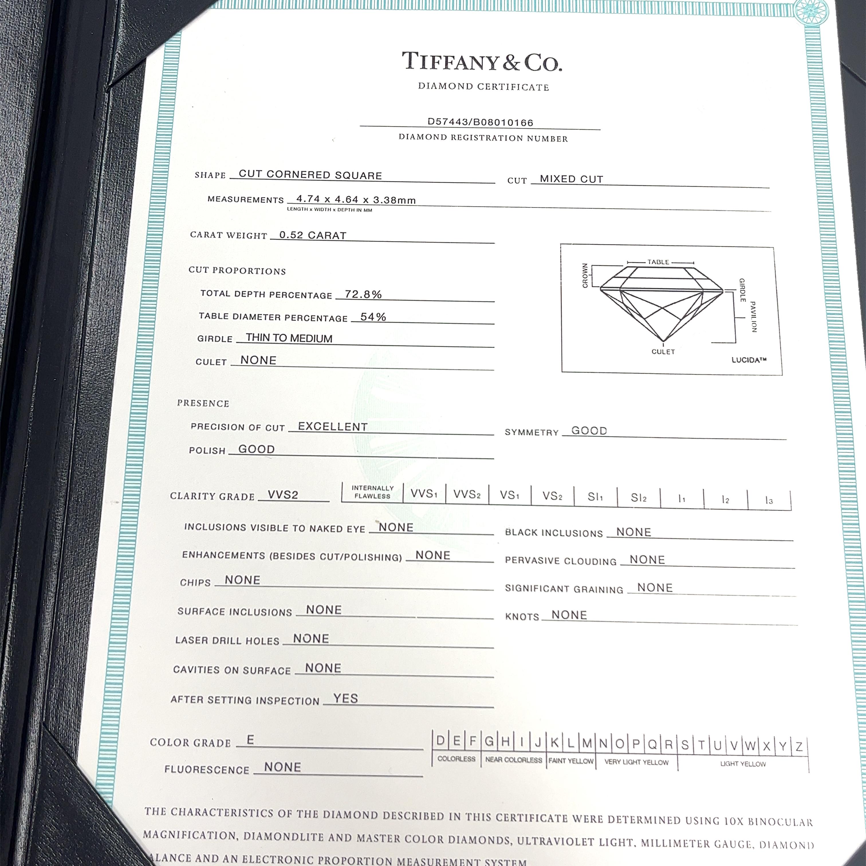 Tiffany & Co. Platin Solitär Verlobungsring aus Platin, mit 0,52 Karat E/VVS2 Diamant 4