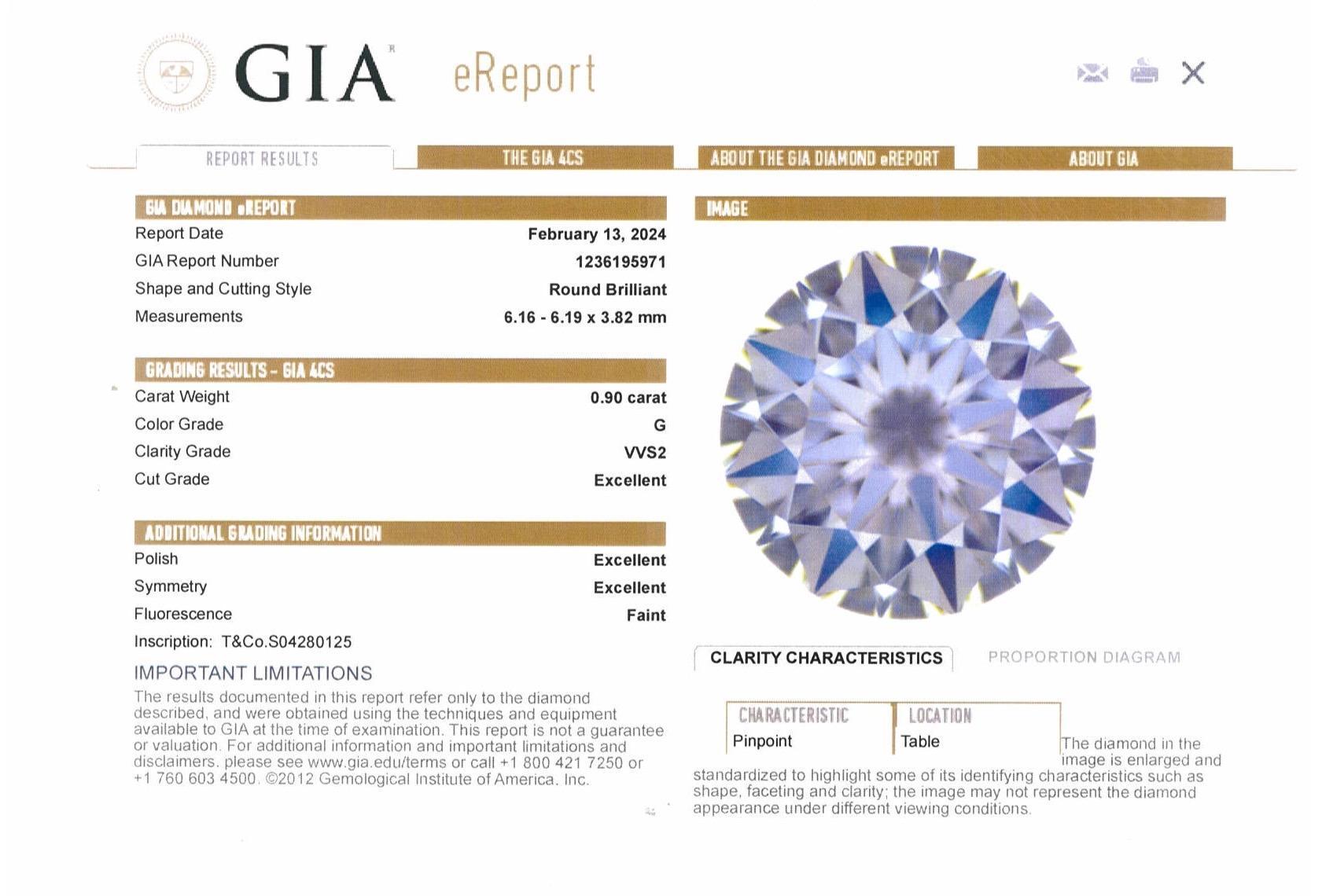 Tiffany & Co Platinum Solitaire GIA Round Diamond Engagement Ring .90 G VVS2 en vente 5