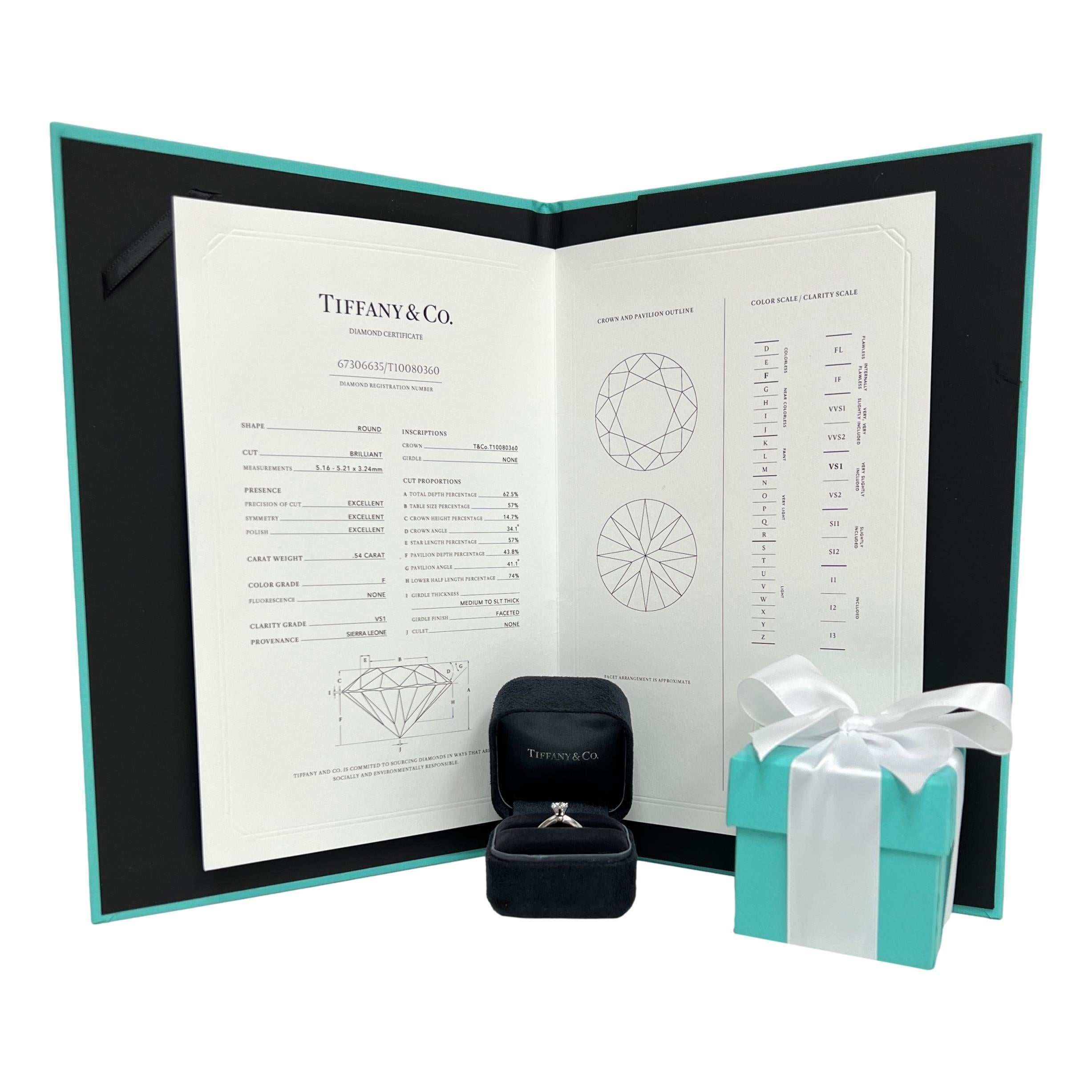Tiffany & Co. Platinum Solitaire Round Diamond .54Ct FVS1 Engagement Ring 2